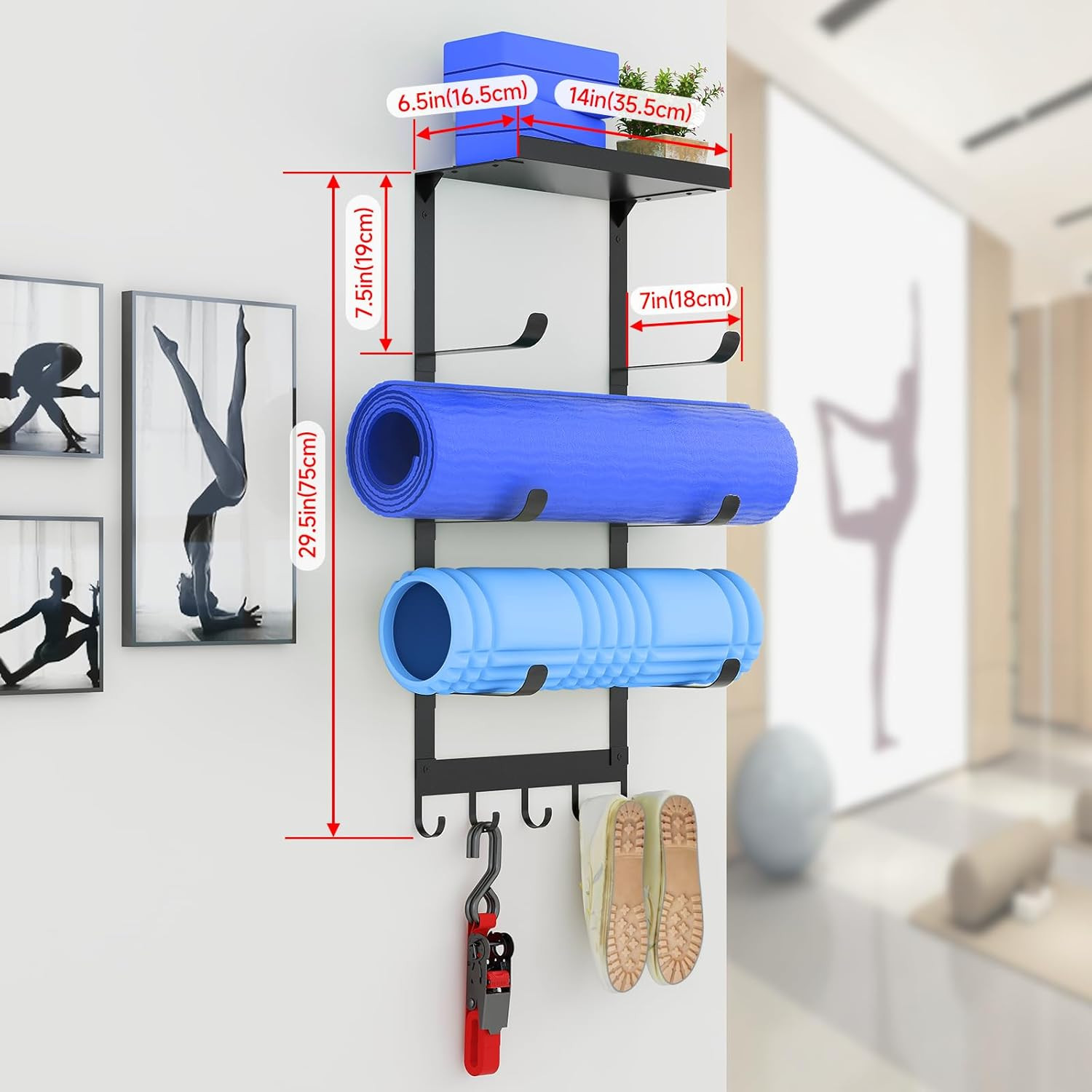 Yoga Mat Holder Wall Mount, Black Yoga Mats Storage Rack, Home Gym Storage with