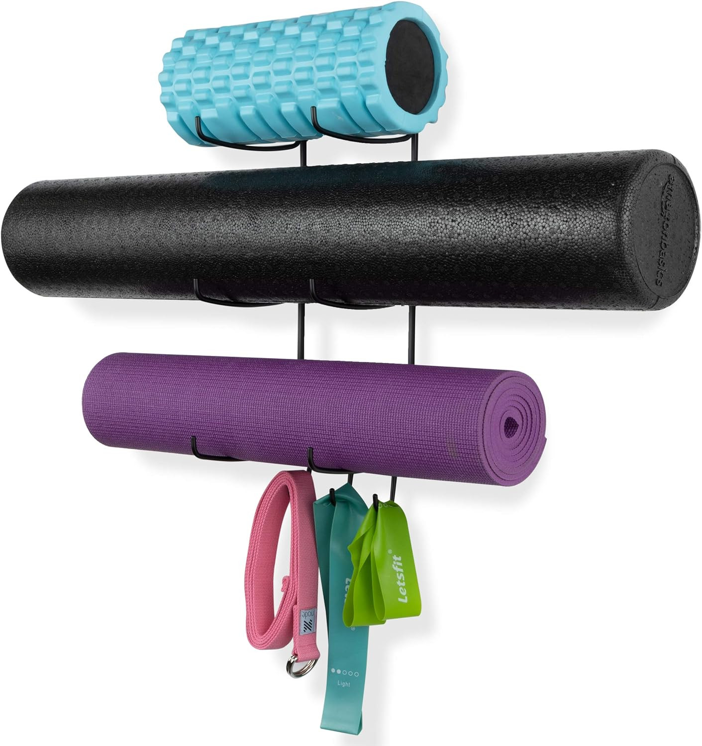 Wallniture Guru Yoga Mat Holder Wall Mount with 3 Hooks for Hanging Yoga Strap,