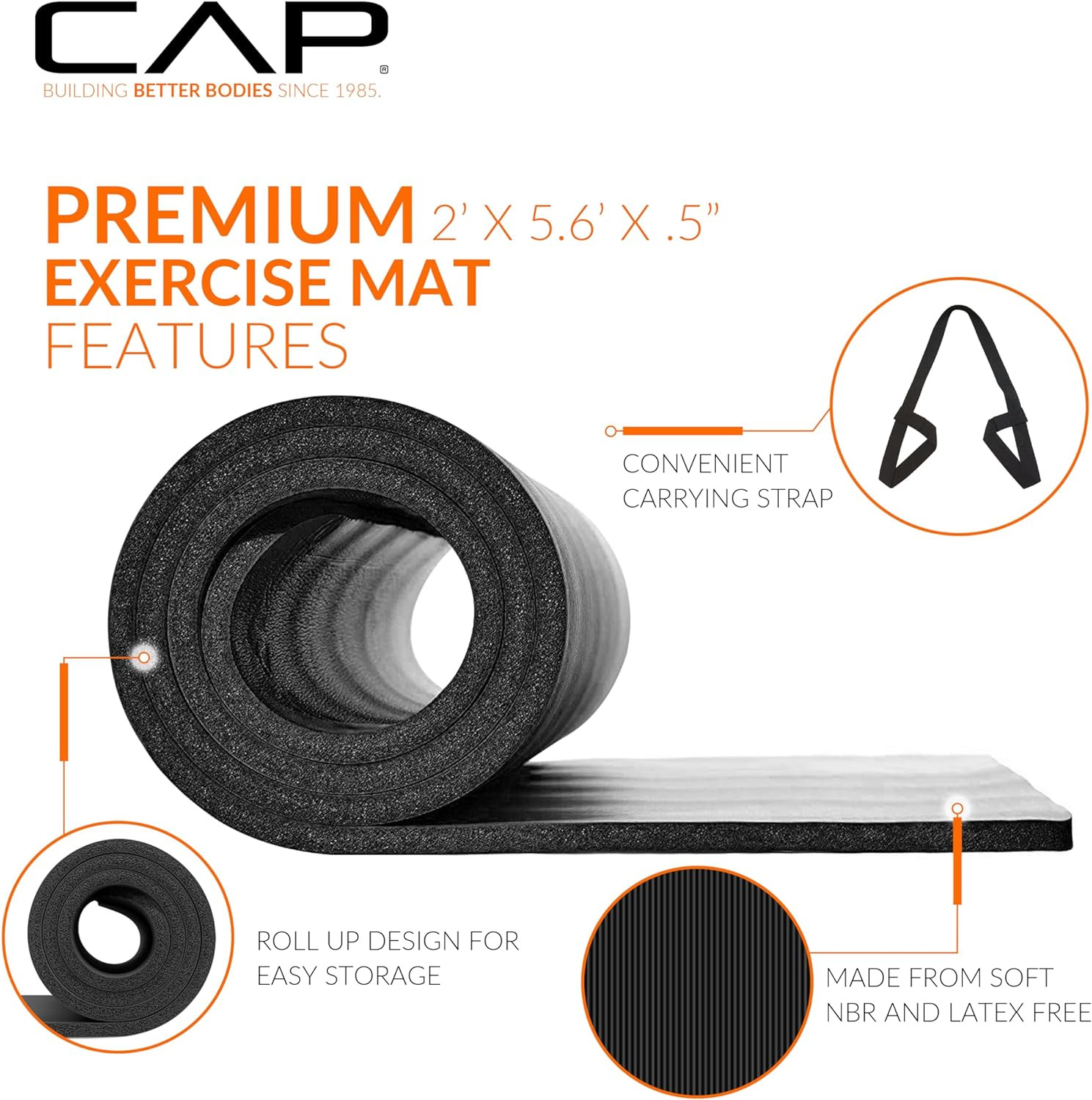 1/2-Inch High Density Extra Thick Yoga Exercise Mat 68x24in w/ Strap 12mm