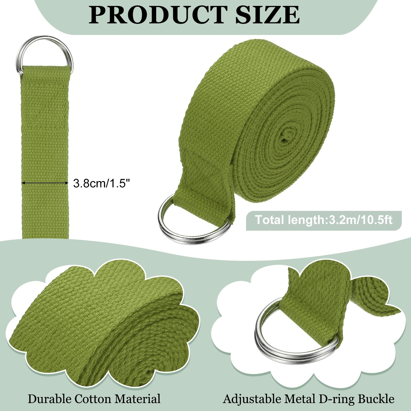 Yoga Strap with Adjustable Metal D Ring Buckle, 10.5ft & Dark Green