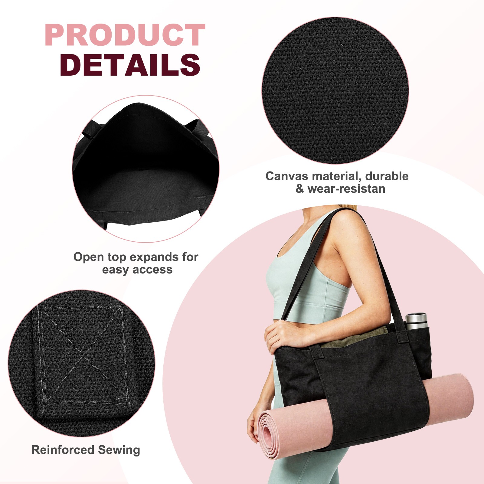 1 Pcs Yoga Bag, Tote Pilates Bag with Yoga Mat Holder Canvas & Black