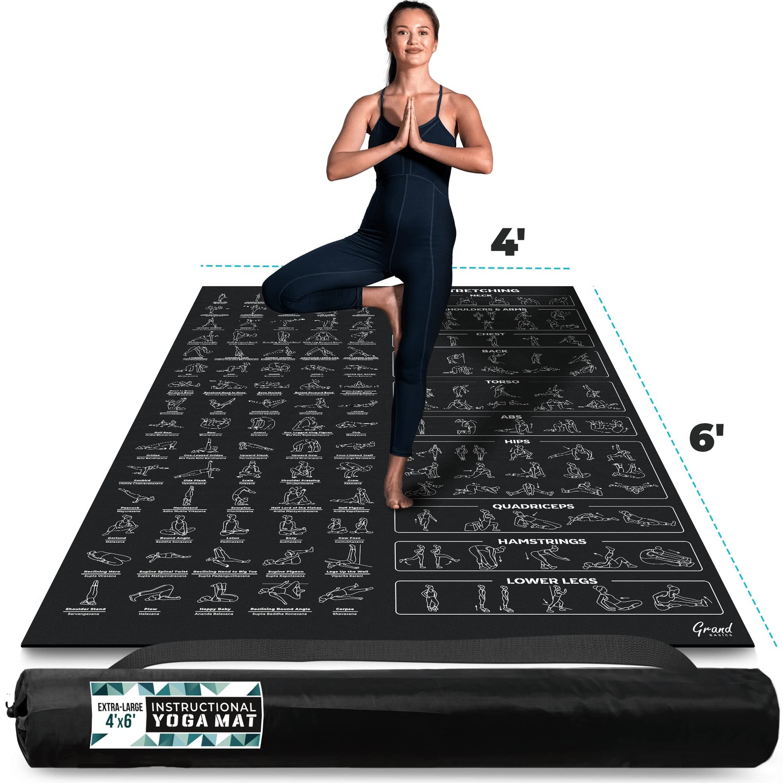 Extra-Large 6&prime; x 4&prime; Instructional Yoga Mat with Poses Printed On It – 2X Wide…