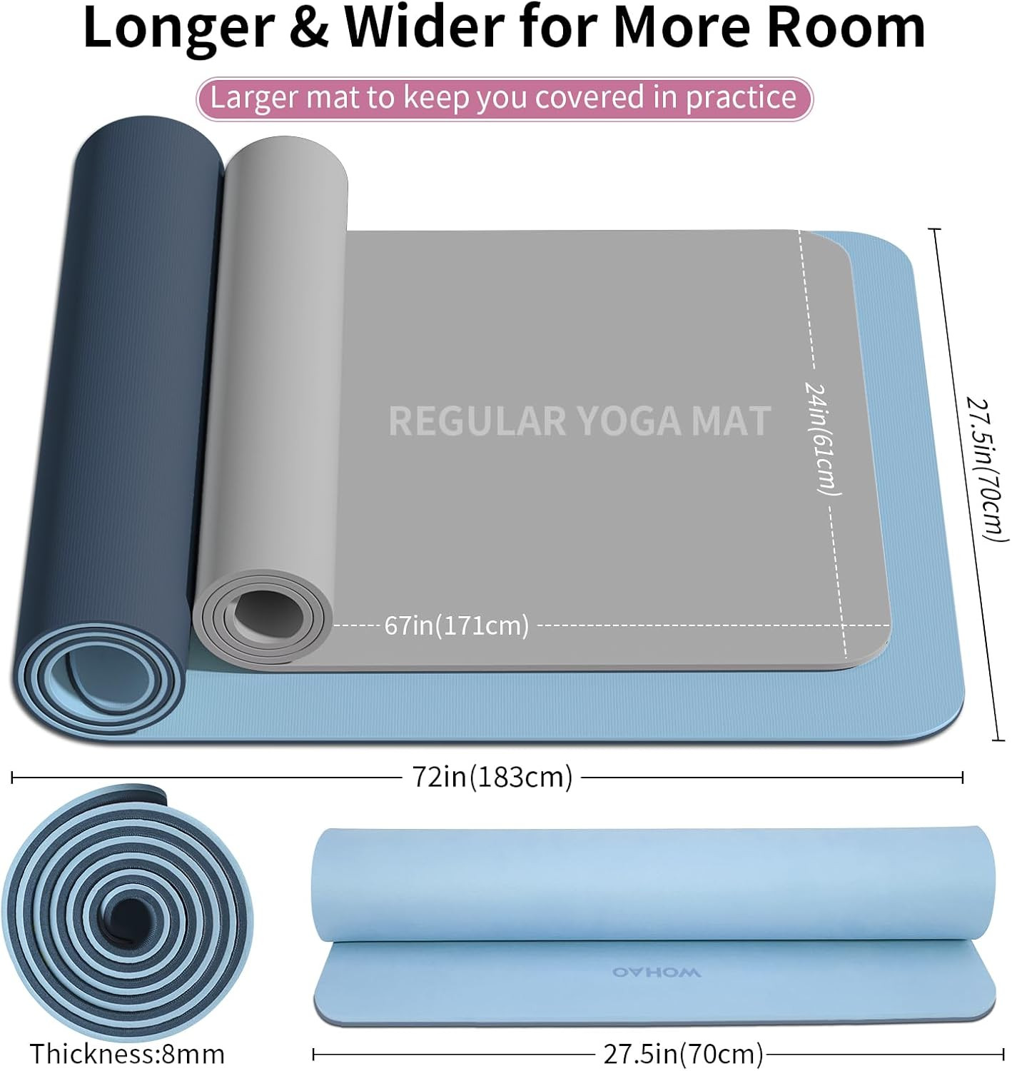 Extra Thick 8mm Non-Slip Yoga Mat with Carrying Strap – Dual Color 72&Prime;x28