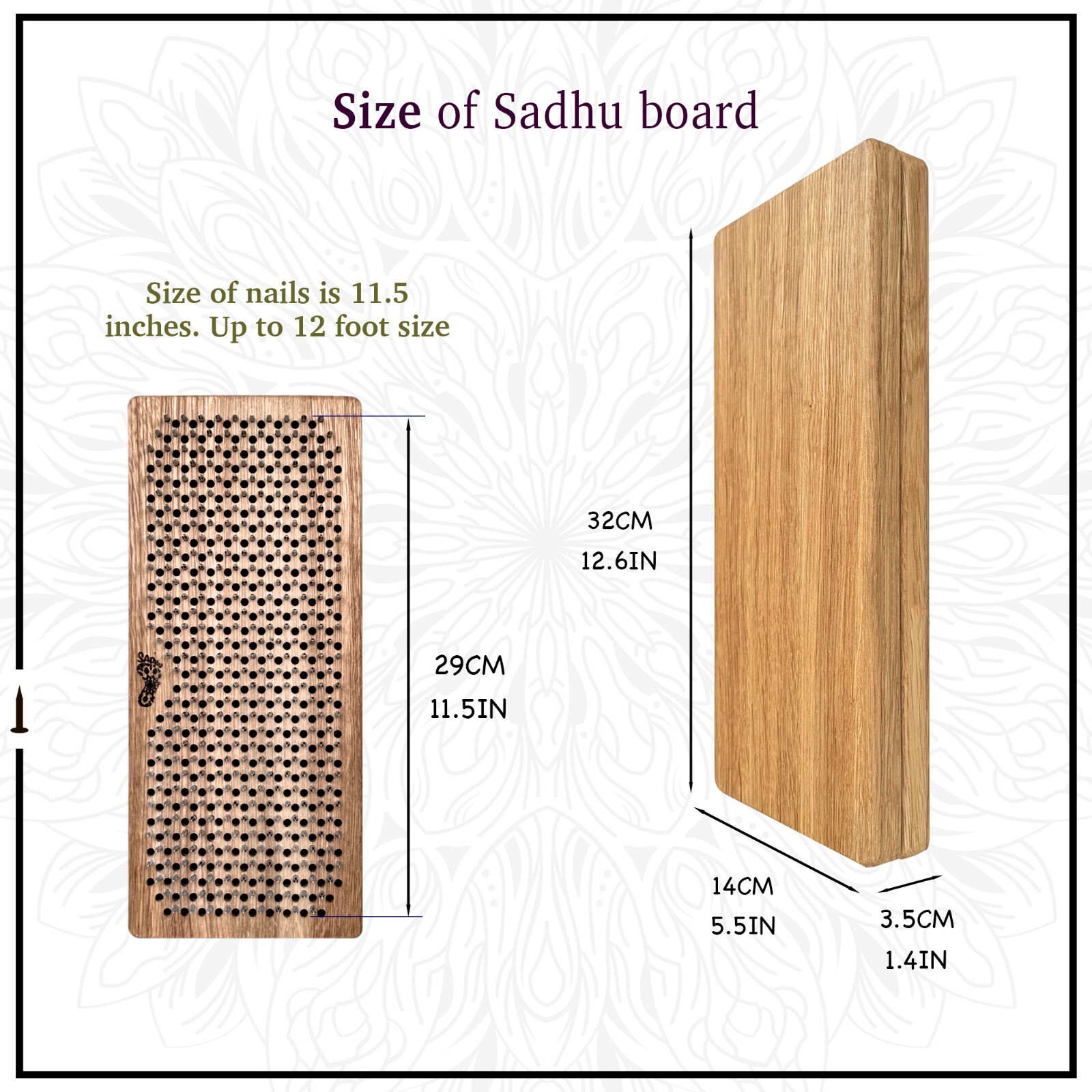 Sadhu board nails from 100% Oak wood for yoga meditation, Natural Oak