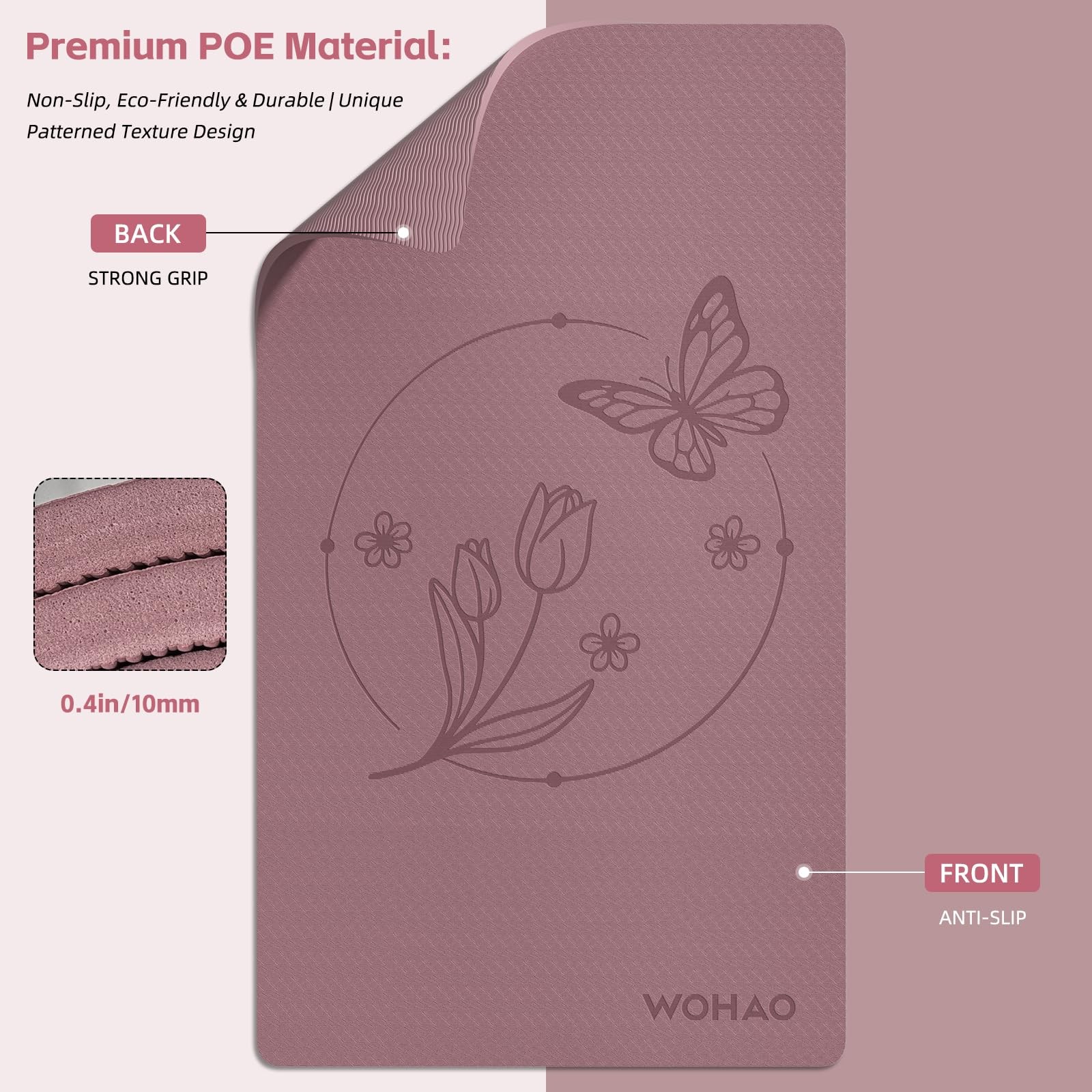 WOHAO Large 76&Prime;x40&Prime;x0.4&Prime; Yoga Mat – Extra 74.8&Prime; x 41.3&Prime; x 0.4&Prime;, Dull Pink
