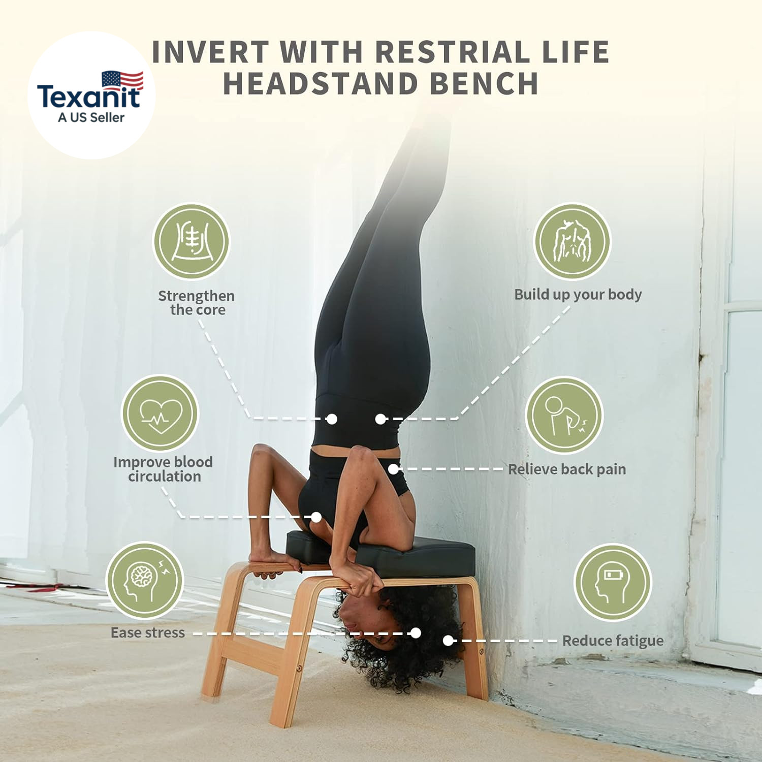 Yoga Headstand Bench- Stand Yoga Chair for Family, Gym – Wood and PU Pads – Reli