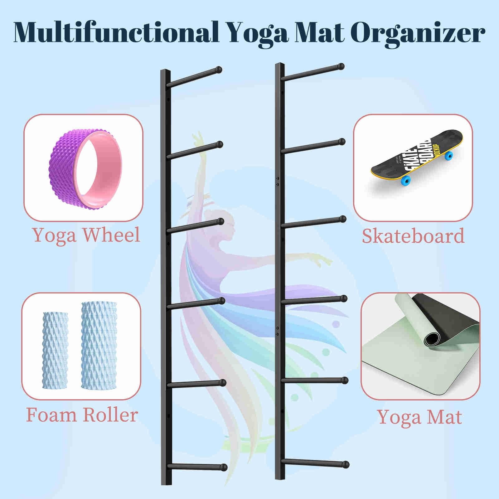 Yoga Mat Holder Wall Mount with 12 Straps, 6 Tier Metal Yoga Mat Storage Rack…