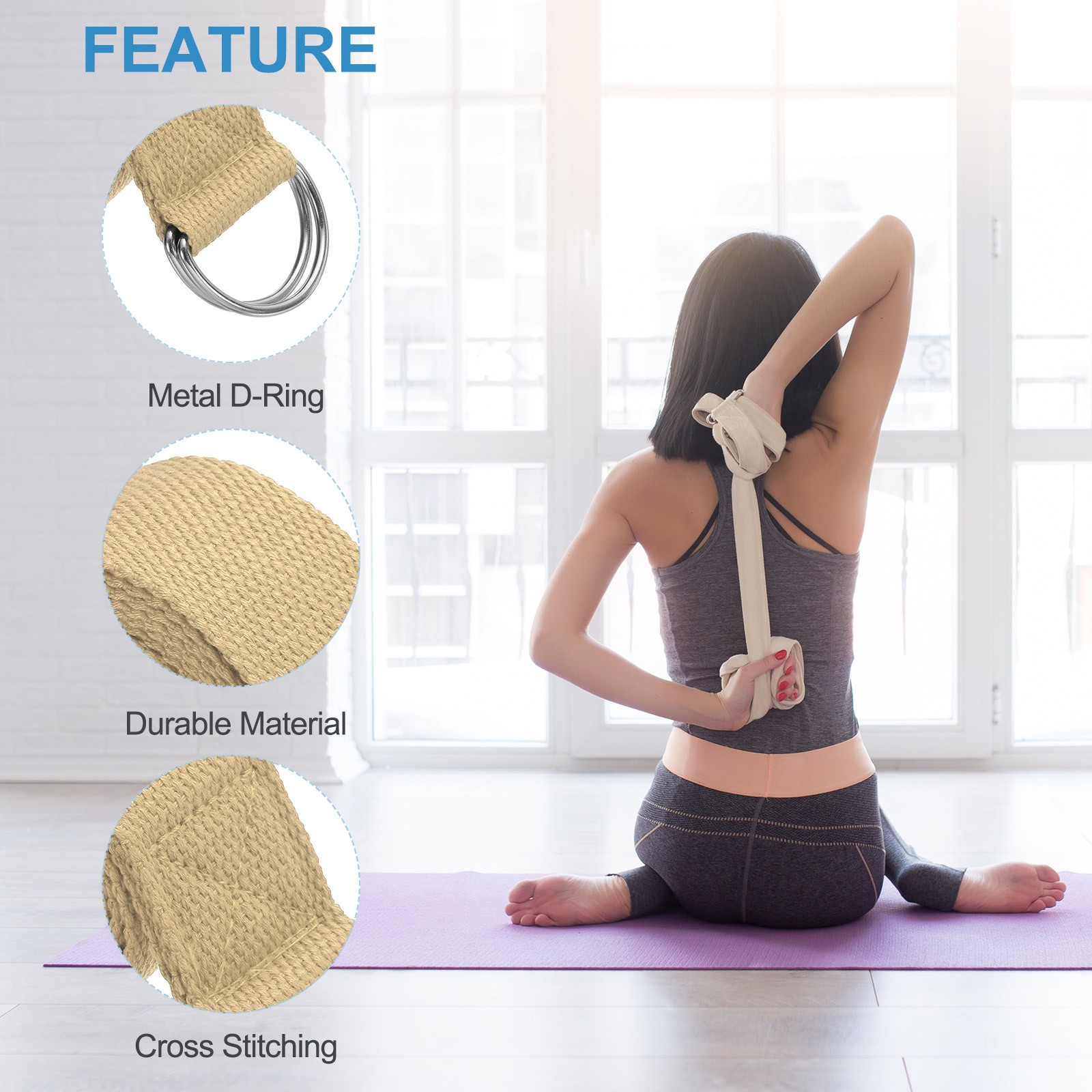 6Pcs 8 Feet Cotton Yoga Strap Belt Stretch Bands with D-Ring Buckle, Khaki
