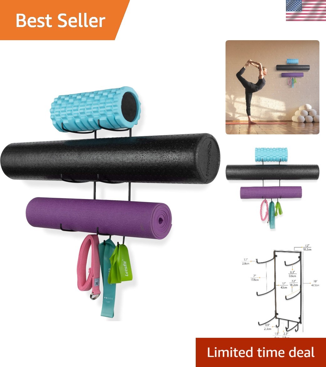 Guru Yoga Mat Holder Wall Mount with 3 Hooks for Hanging Yoga Strap, Resistan…
