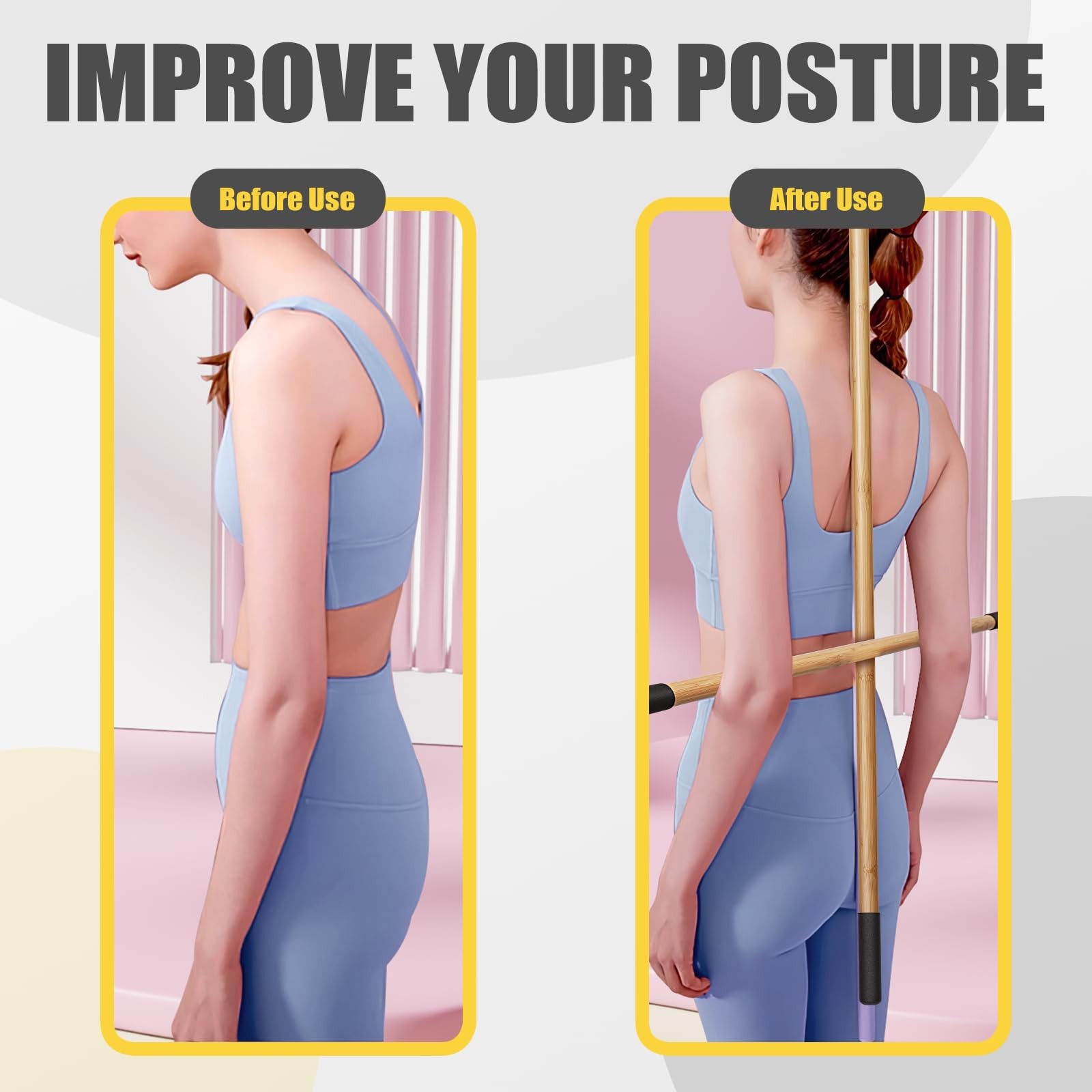 Bamboo Stretch Yoga Stick 5ft for Physical Therapy, Exercise Bar w/ Rubber Handl
