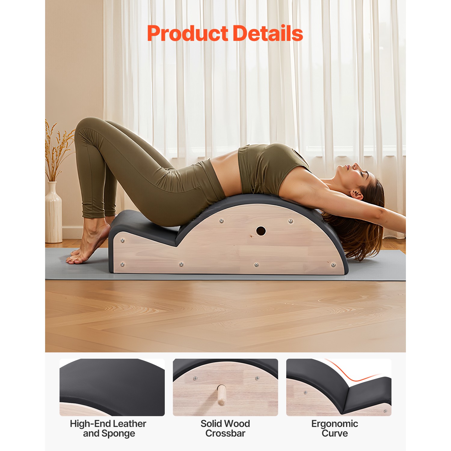 Uimoso Pilates Spine Corrector Arc for Fitness and Spine Stretching, Rubber Wood