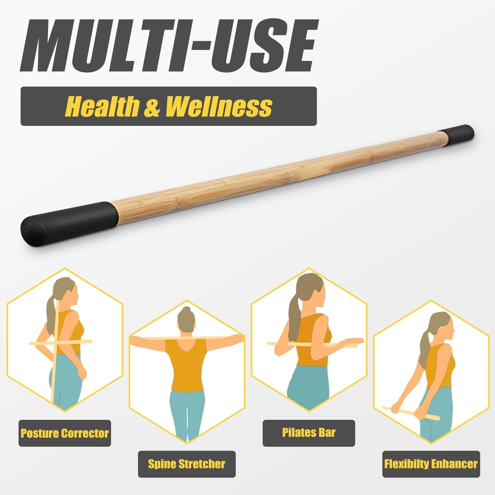 Bamboo Stretch Yoga Stick 5ft for Physical Therapy, Exercise Bar w/ Rubber Handl