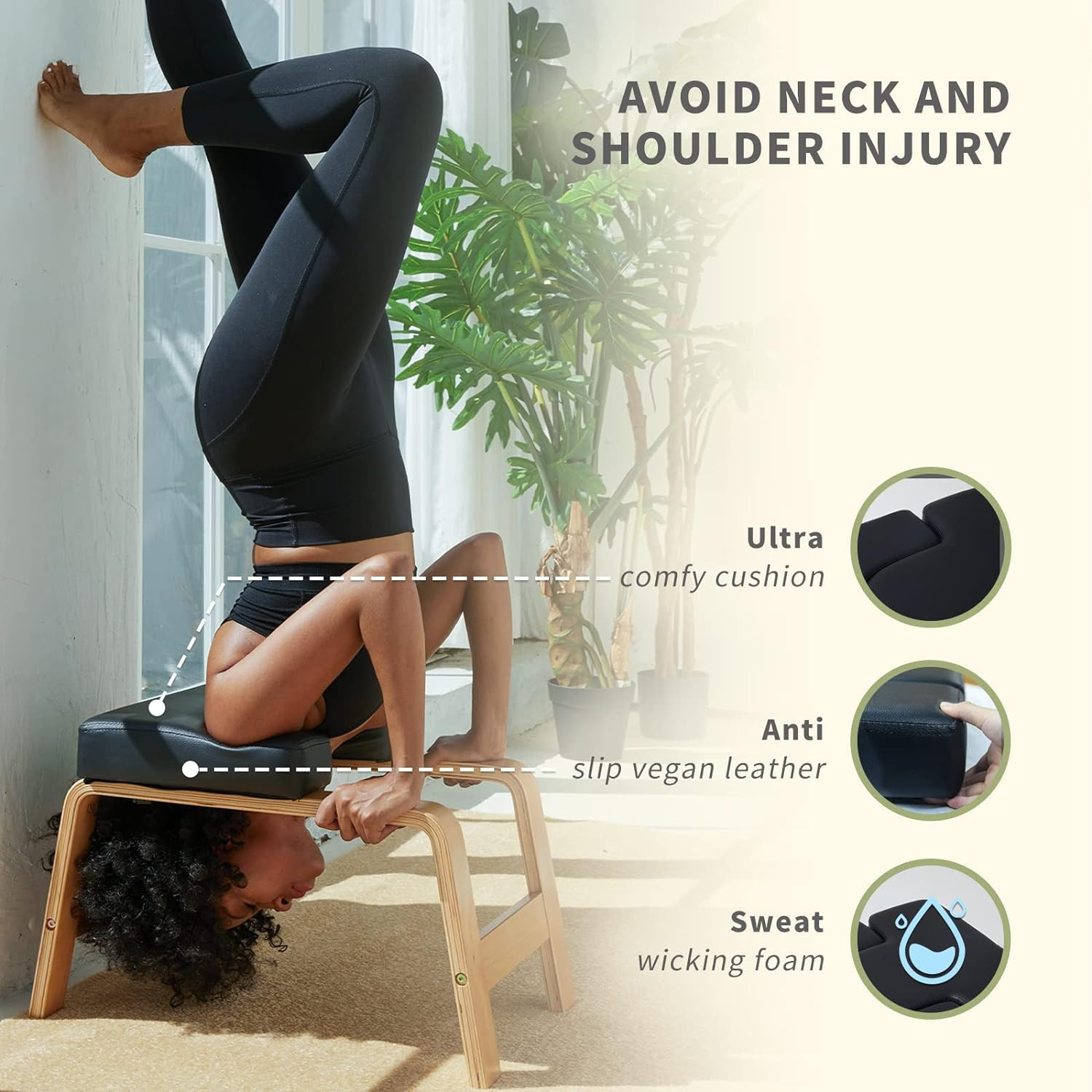 Yoga Headstand Bench- Stand Yoga Chair for Family, Gym – Wood and PU Pads – Reli