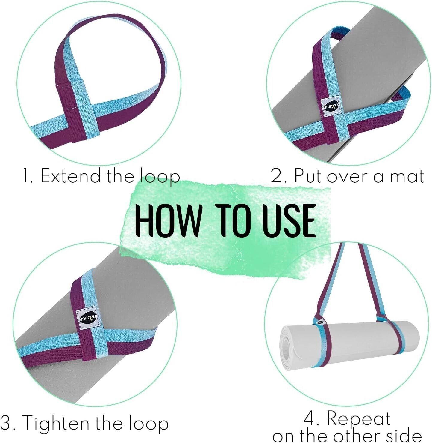 TECEUM Yoga Mat Strap – Adjustable Mat Holder Sling – 64 IN, Mixed Blueberry