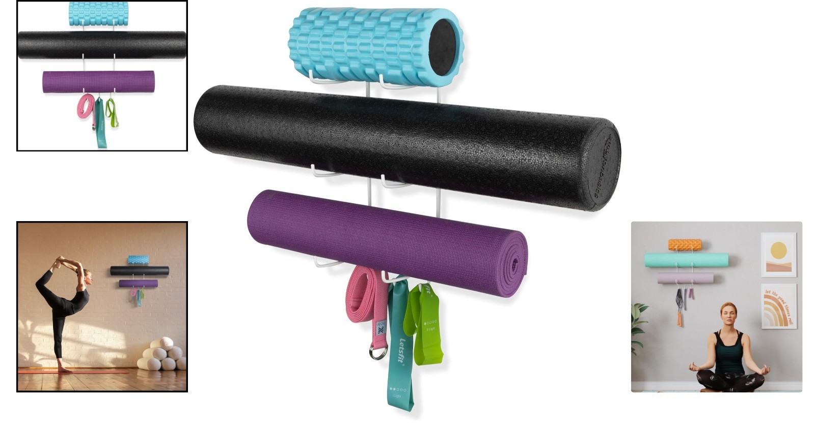 Art Deco Yoga Mat Holder Wall Mount with 3 Hooks – Space-Saving Solution