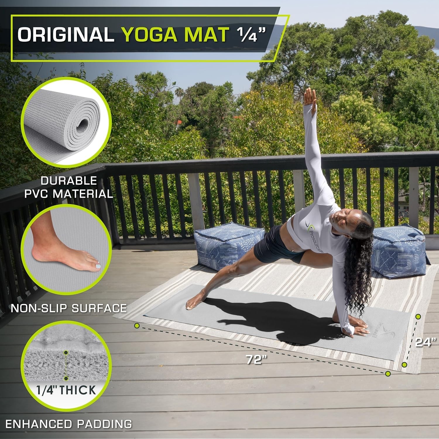 Non-Slip Yoga Exercise Mat 1/4” Thick with Carrying Straps – Grey