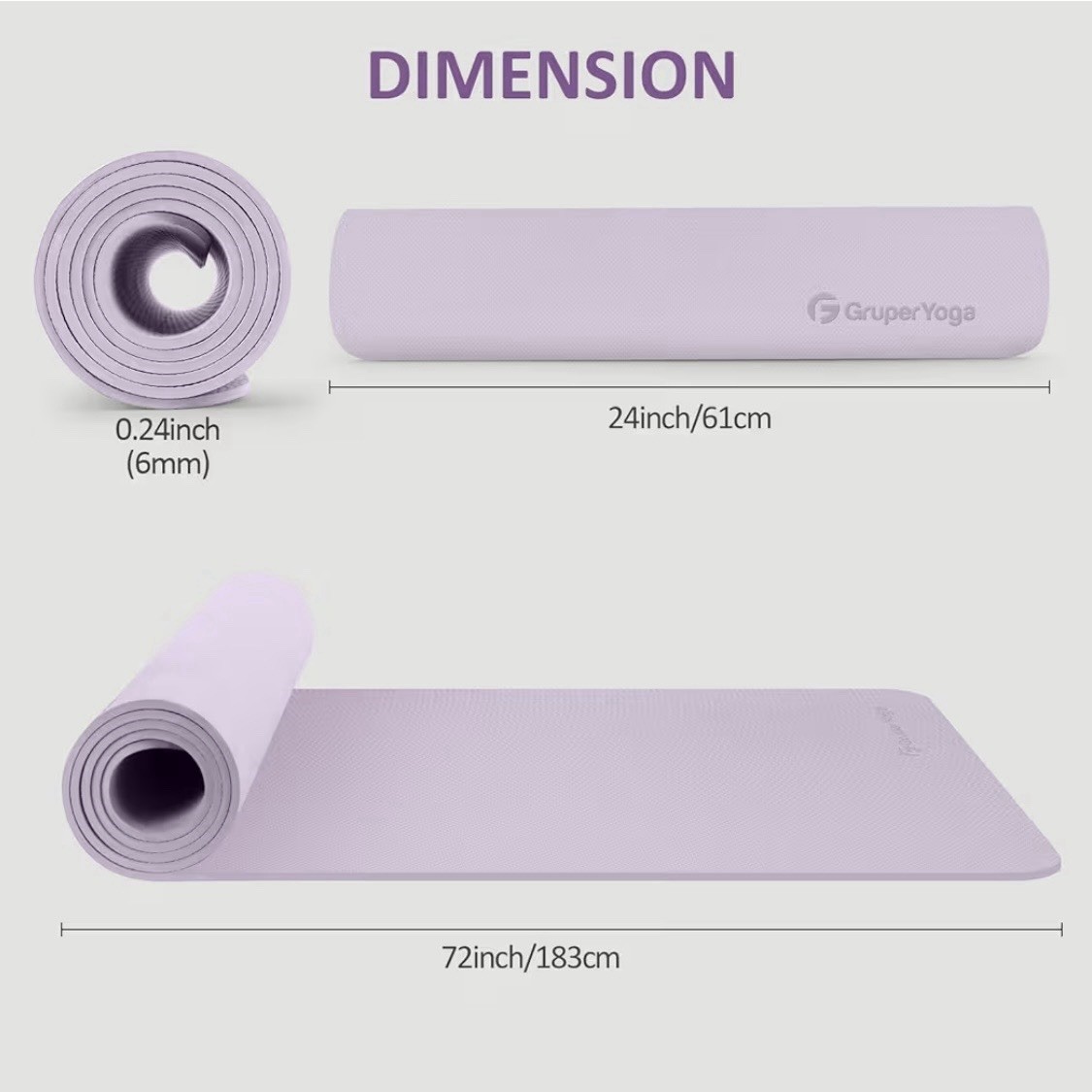 Gruper TPE Yoga Mat 72×24 6mm Non-Slip Waterproof Purple w/ Strap & Bag