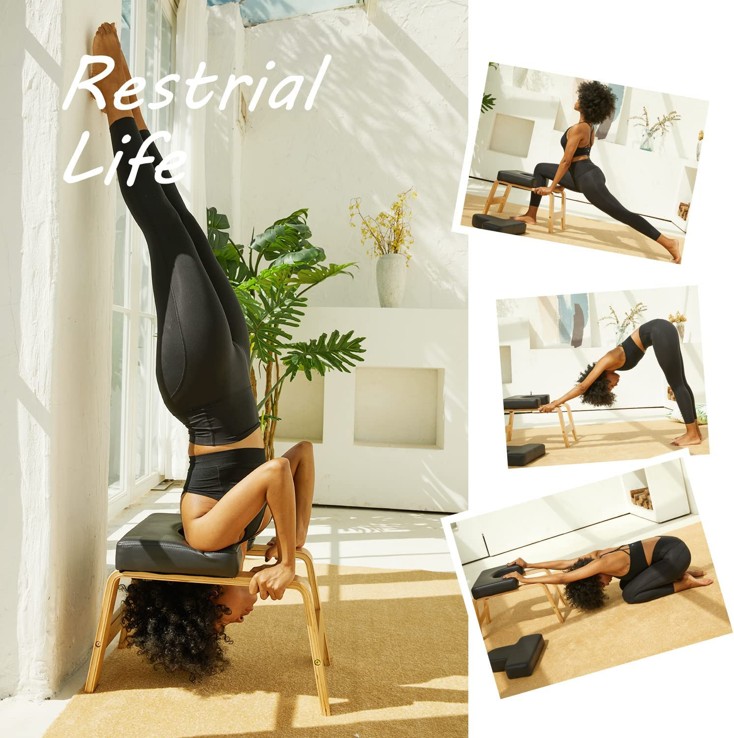 Yoga Headstand Bench- Stand Yoga Chair for Family, Gym – Wood and PU Pads – Reli