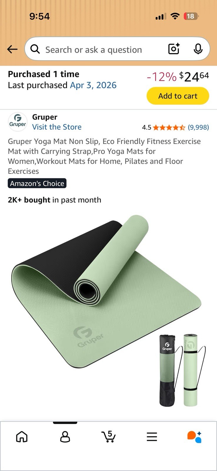 Gruper Non-Slip Eco Friendly Yoga Mat Green/Black with Carrying Strap & Bag