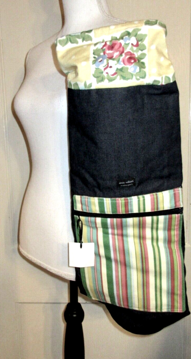NWT ANNA WILLIAM Yoga Cargo Mat Bag BLACK DENIM / STRIPES, FLORAL TRIM / LINING
