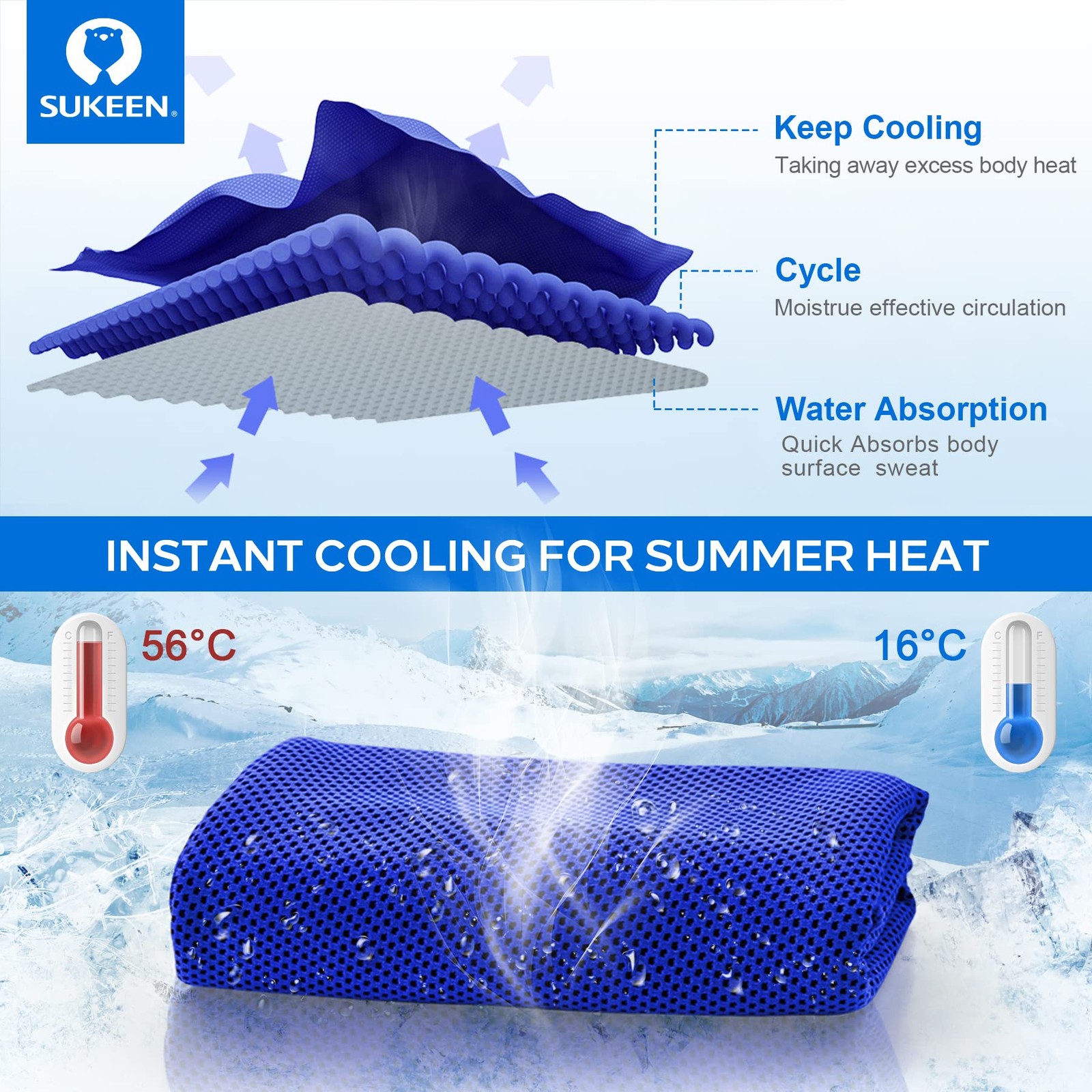 Sukeen 4 Pack Cooling Towels 40&Prime; x 12&Prime;, Dark Blue/ Grey/Brown/Black