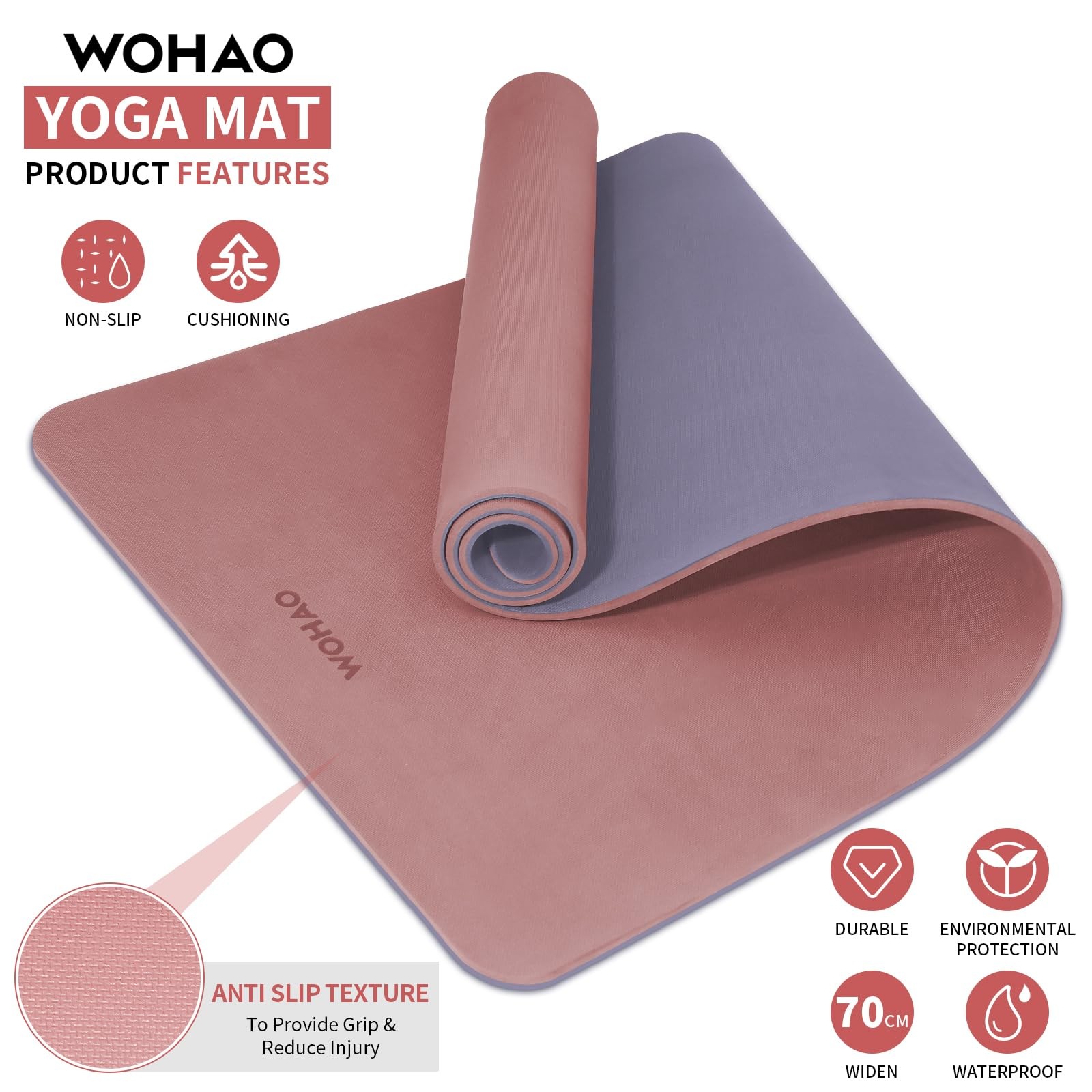 WOHAO Extra Thick 8mm Yoga Mat, 72&Prime;x28&Prime; 183*70*0.8cm, Dark Powder+Dark silve