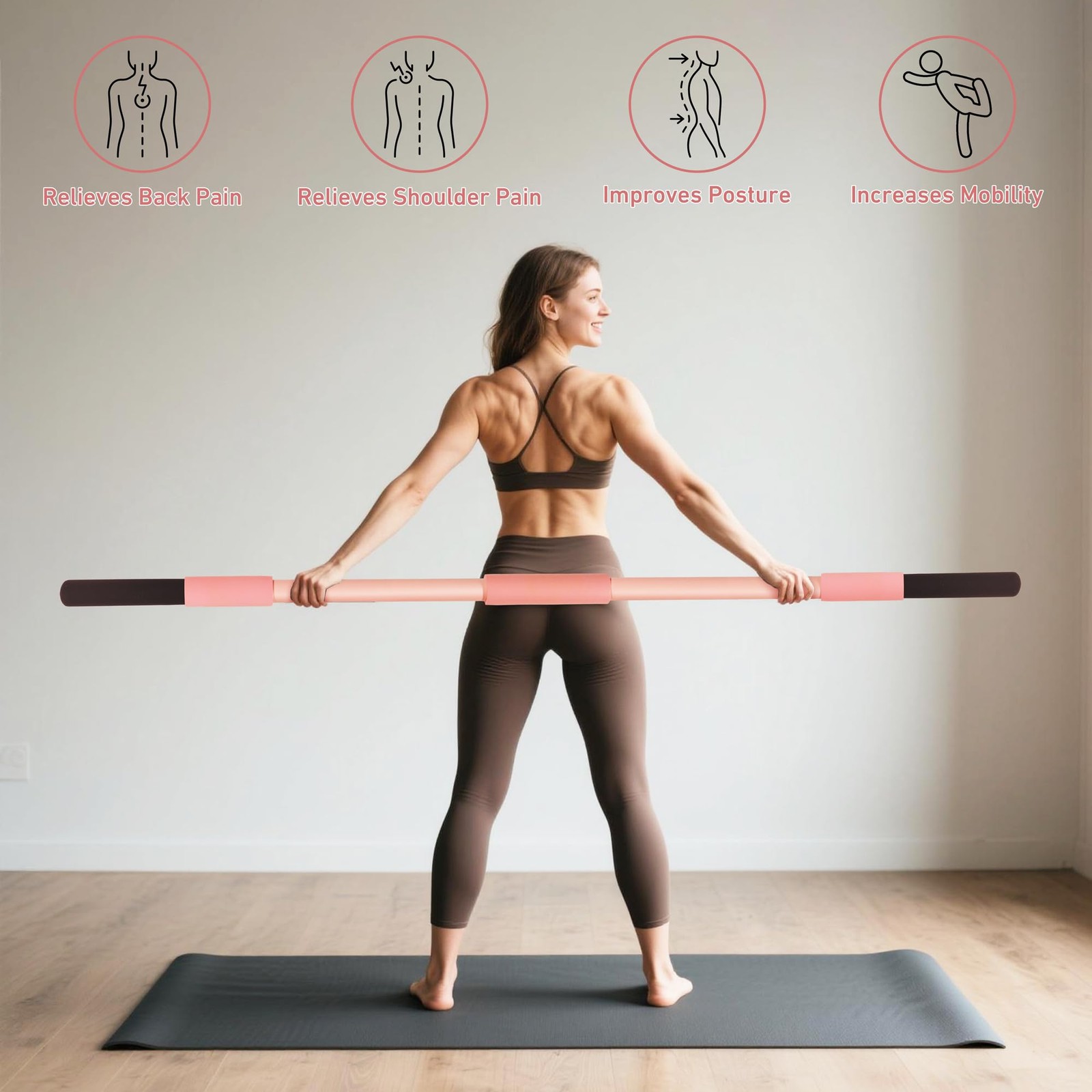 Pink Yoga Stick 58 Inch – Alloy Steel Stretching, Mobility & Exercise Stick w…