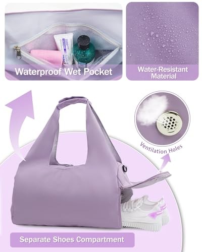 Gym Bag for Women with Shoe Compartment Yoga Mat Bag with Wet Pocket and Purple