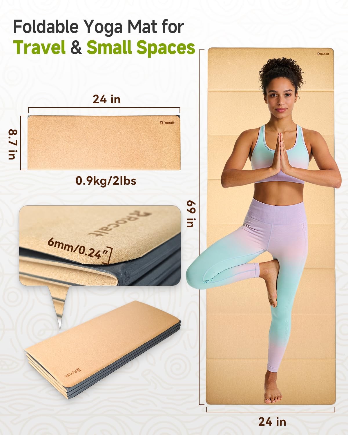 Foldable Cork Yoga Mat, Non-Slip Lightweight Exercise Mat for Travel, Packabl…