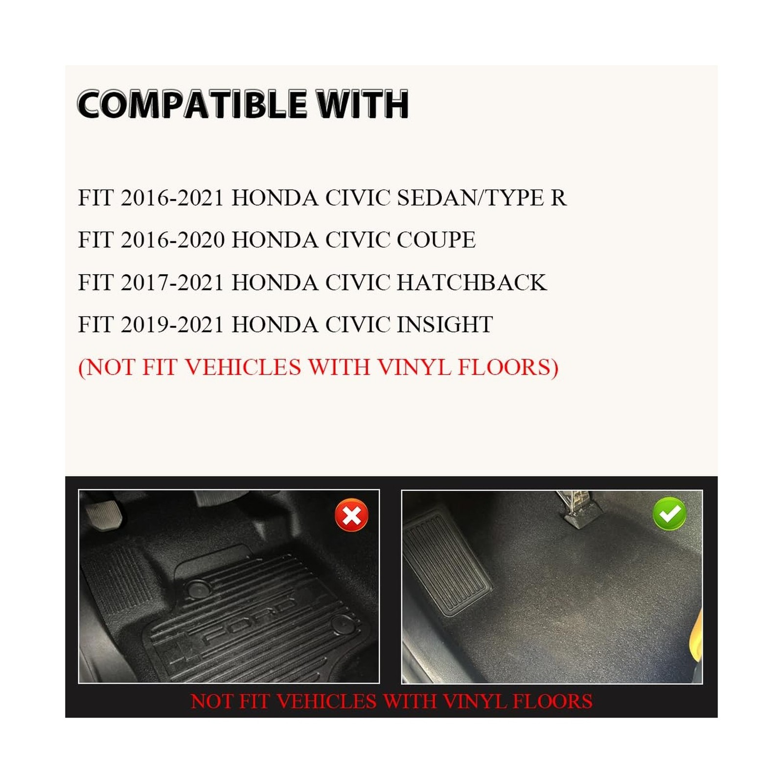 TPE All-Weather Floor Liners Mats Cargo Liners Compatible with Honda Civic Se…