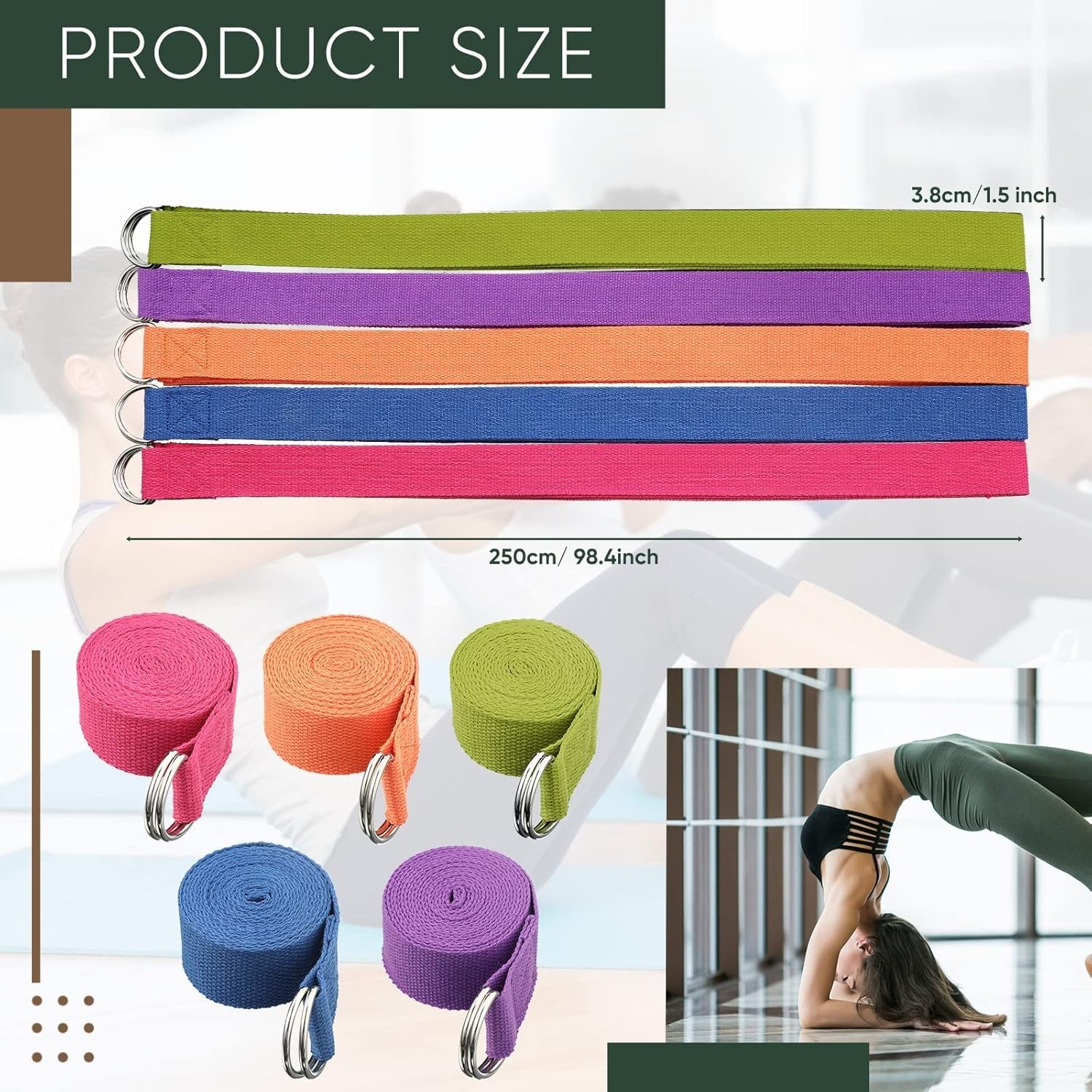 8ft Yoga Stretch Straps in Pink Orange Green Blue Purple for Fitness and Therapy