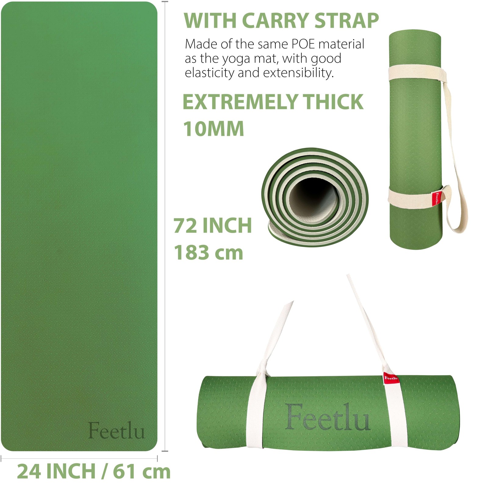 Feetlu Extra Thick Exercise Yoga Mat with 72&Prime; x 24&Prime; x 2/5&Prime;, Green & Cream