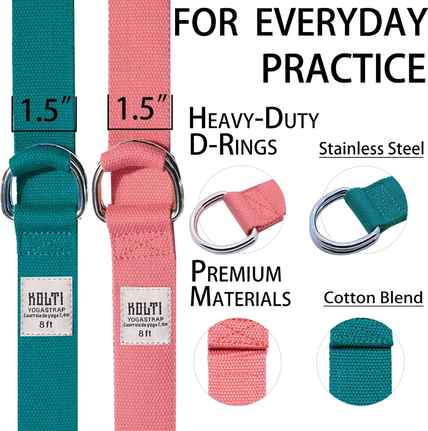 Yoga Exercise Adjustable Straps 8FT with Durable D-Ring for Pilates & Gym Workou