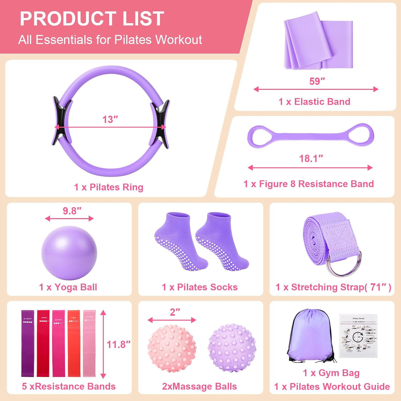 Home Pilates Equipment Set with Ring Ball Resistance Bands Workout Guide for