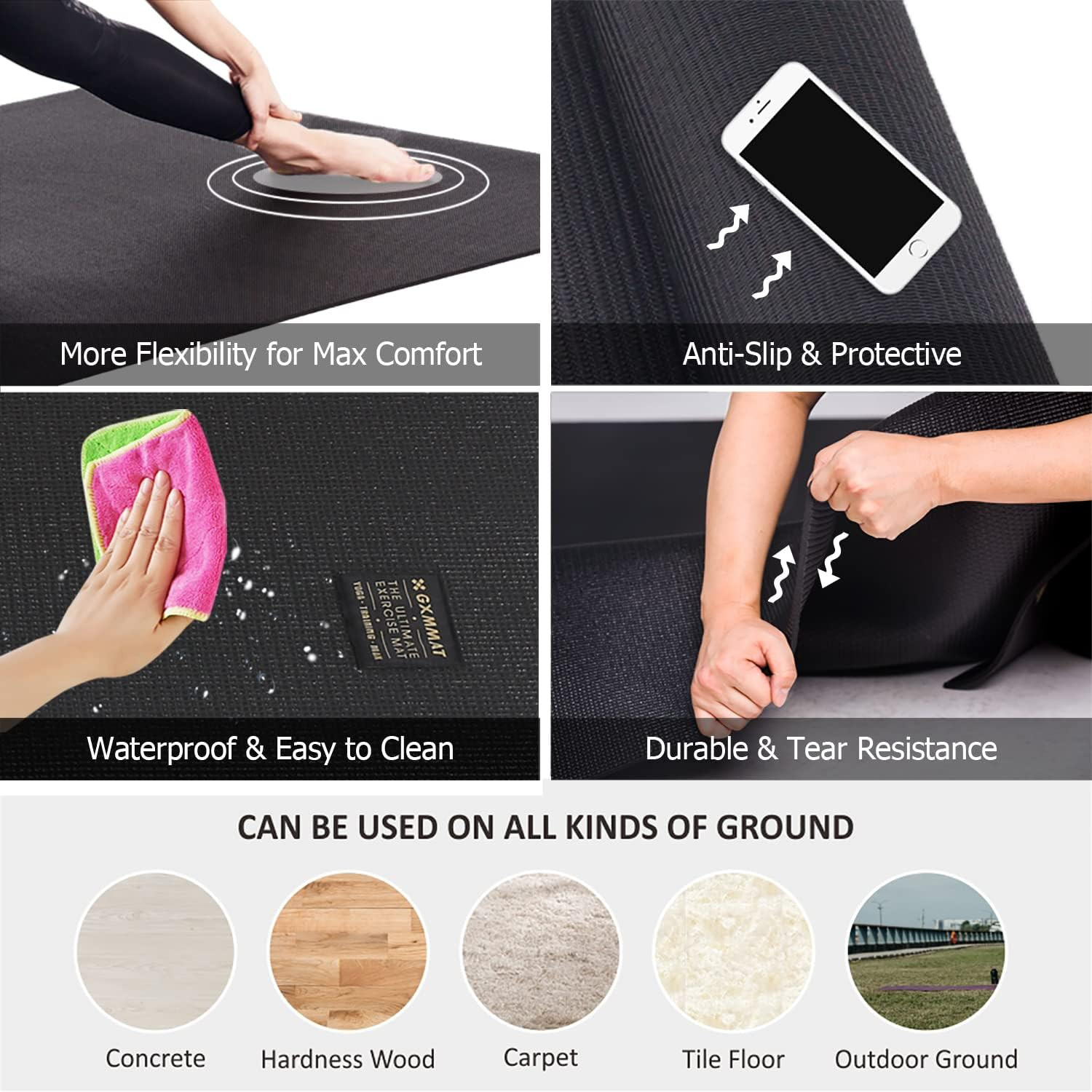 Extra Thick Non-Slip Yoga Mat for Home Gym – 12&rsquo;X6&rsquo;/10&rsquo;X6&rsquo;/6&rsquo;X8&prime; Sizes Available