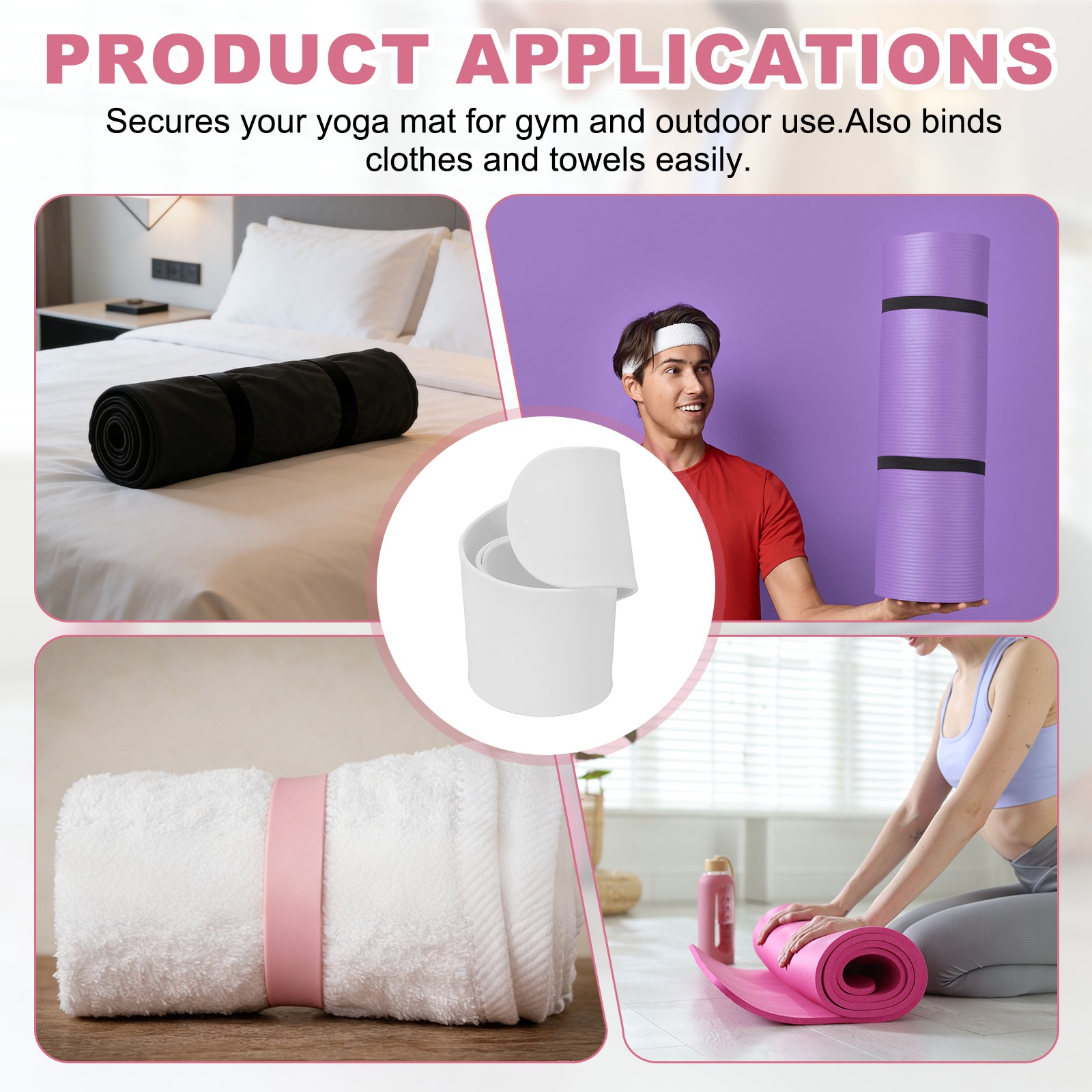 2Pcs Yoga Mat Strap Slap Band One Snap Yoga Mat Slap Band, White