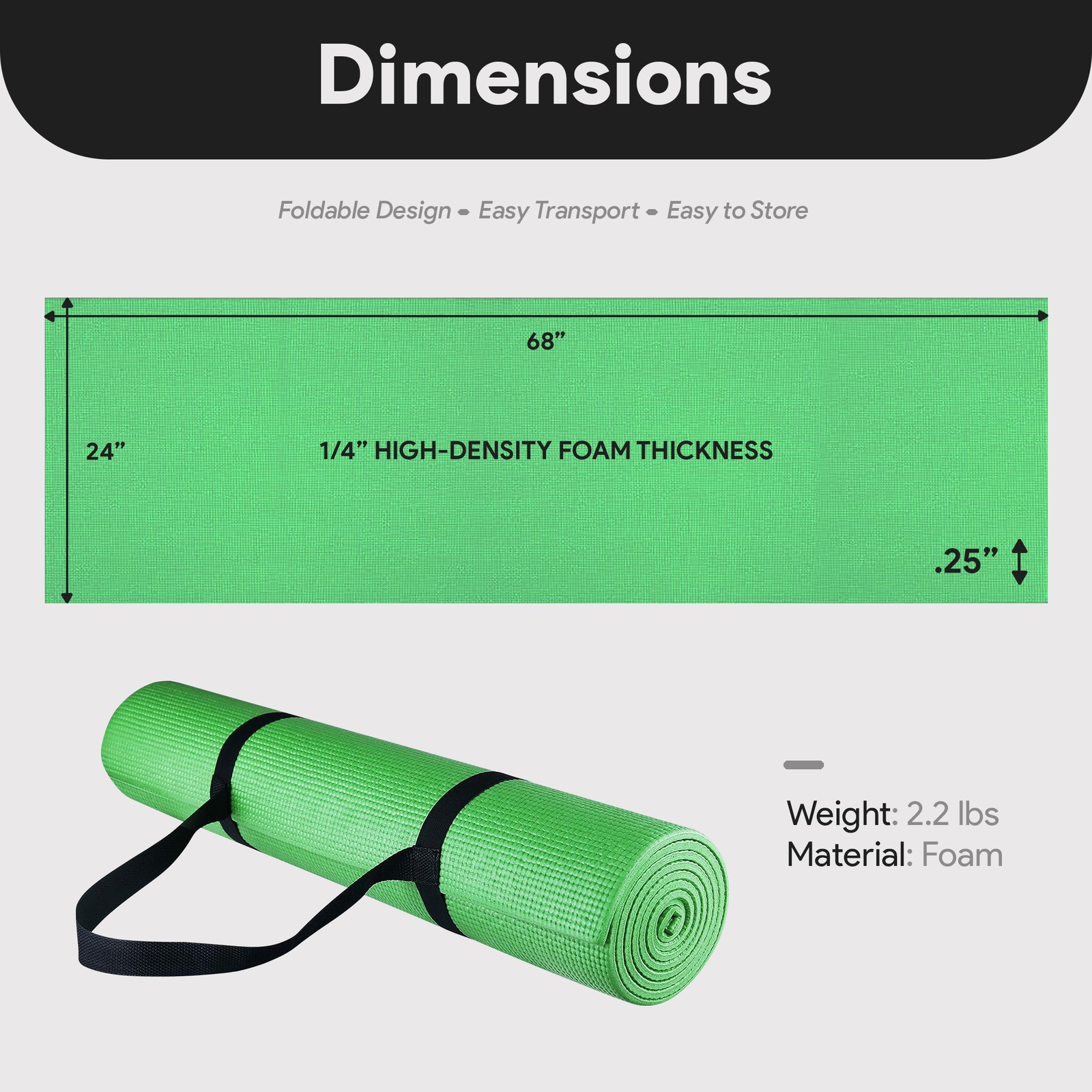 Fitvids 1/4” High Density Thick Non Slip Workout Yoga Mat and Carry Strap, Green