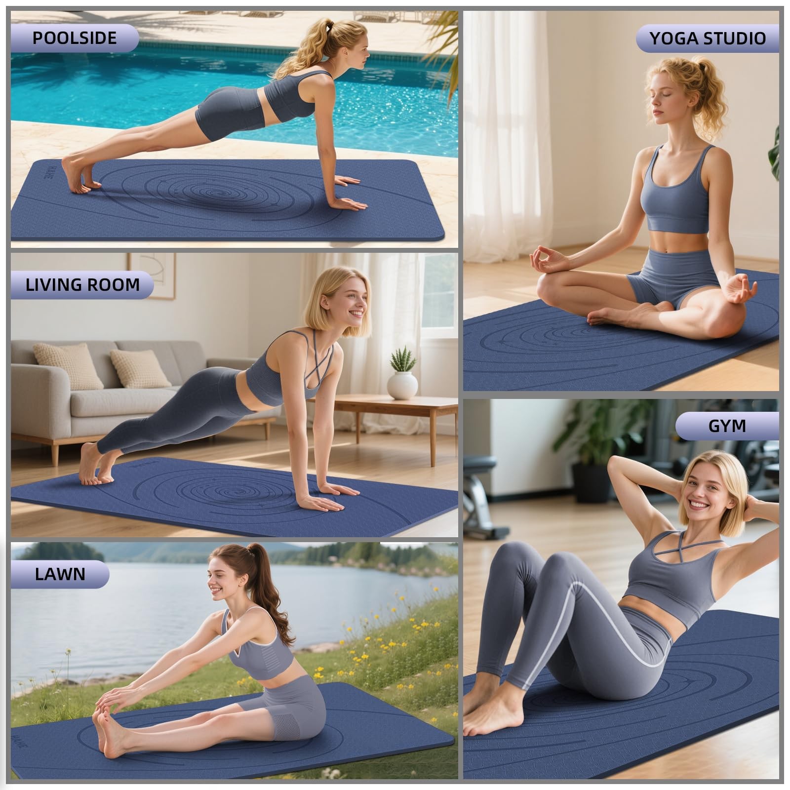 Large Yoga Mat Thick, 76&Prime;x32&Prime;x0.31&Prime;Wide POE 76&Prime; x 32&Prime; x 0.31&Prime;, Navy Blue