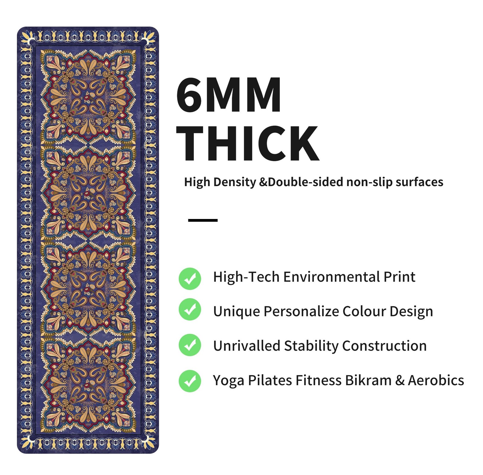 72×24 Inch 6MM Extra Thick Yoga Mat Print TPE Non Slip Fitness Carry Bag