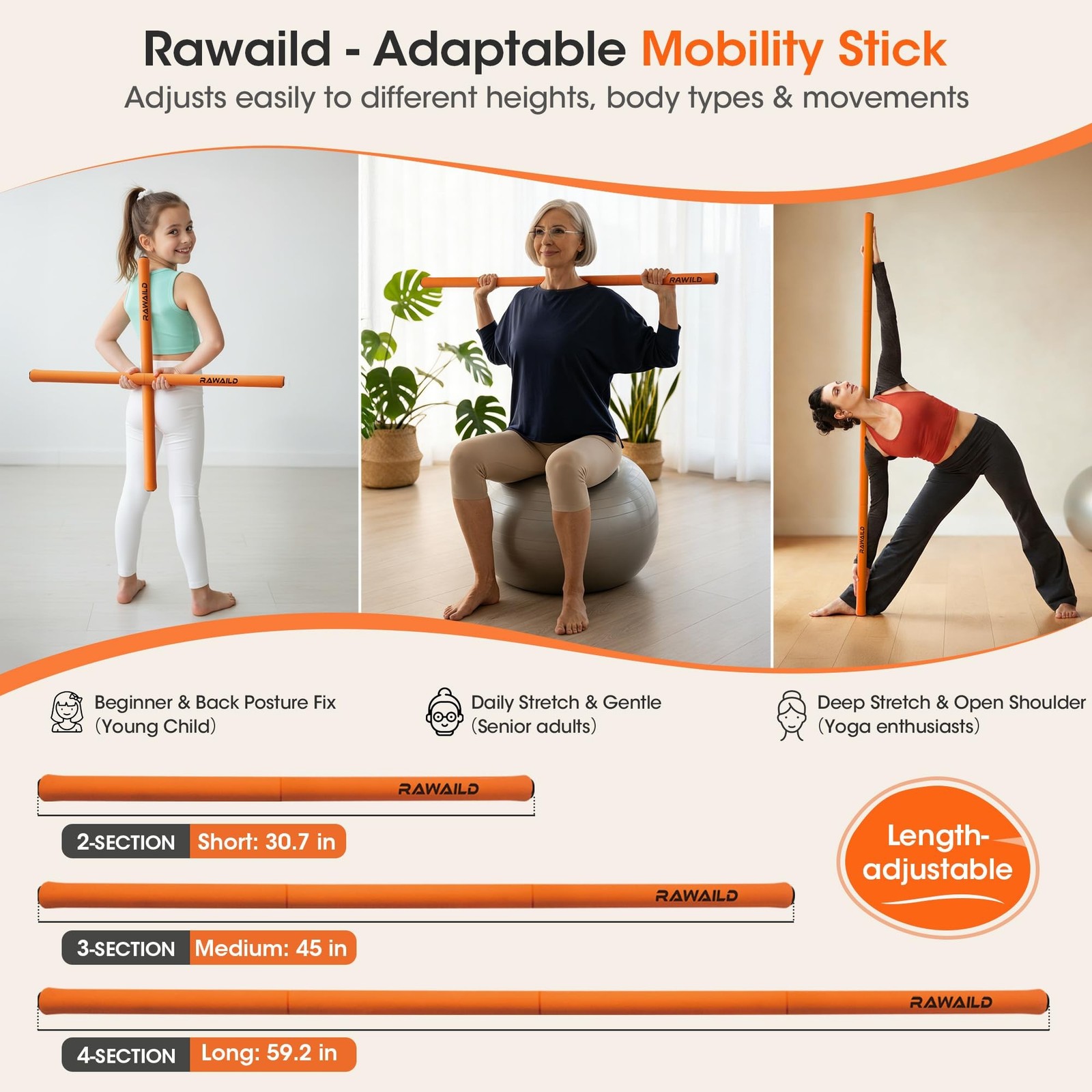 Yoga Stick, Upgraded 5ft Sturdy Steel Mobility Stick, Adjustable Exercise Equ…