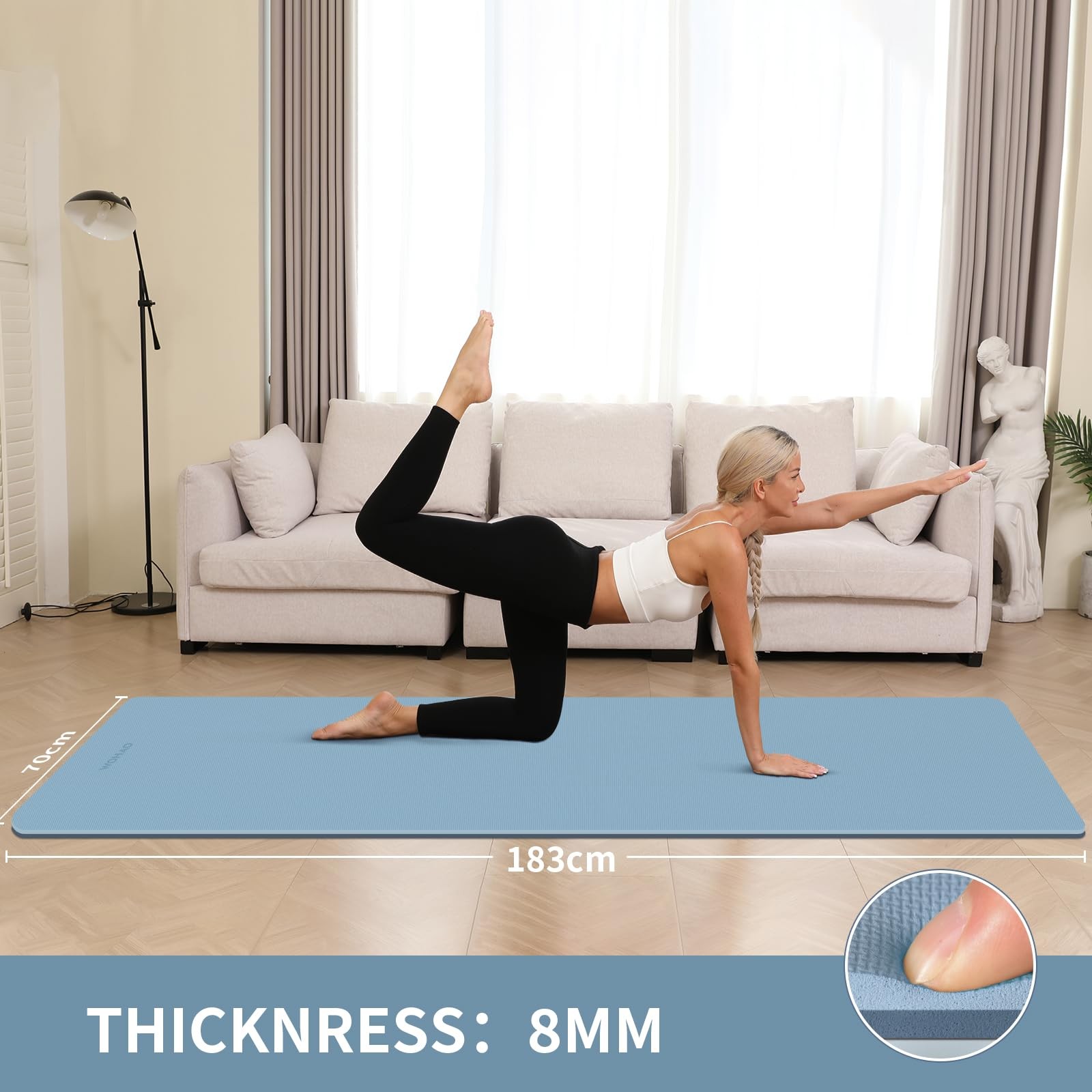 WOHAO Extra Thick 8mm Yoga Mat, 72&Prime;x28&Prime; Non 183*70*0.8cm, Blue-gray+Navy blue