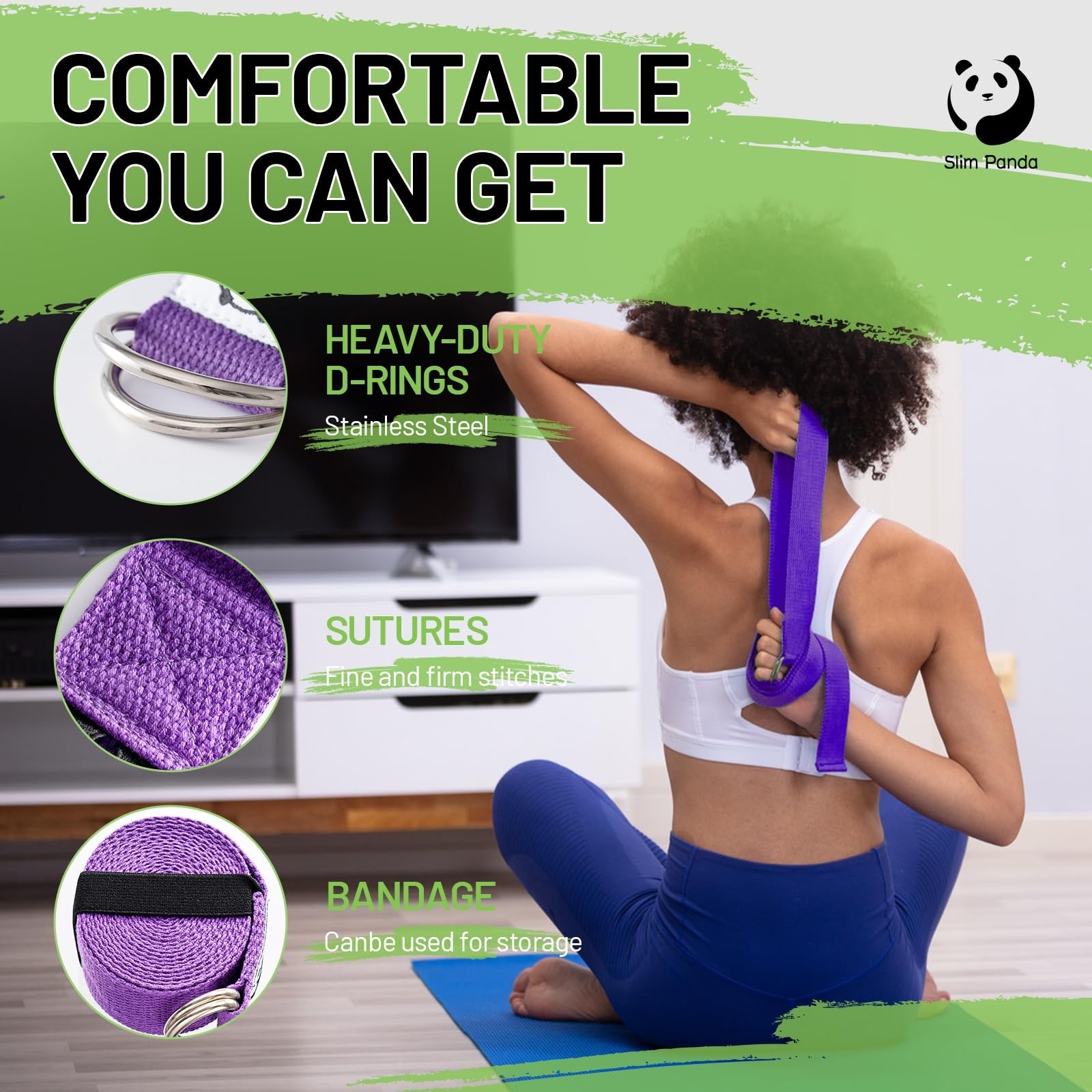 Slim Panda Yoga Strap for Stretching,Cotton Yoga Strap with Adjustable D-Ring…