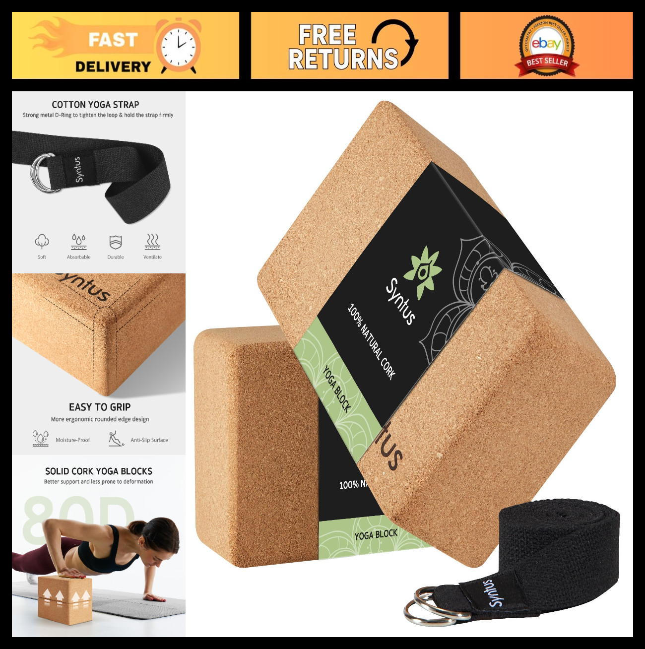 Yoga Block and Strap Set – 2 Non-Slip Foam Blocks 9x6x4&Prime; + 8FT D-Ring Strap for