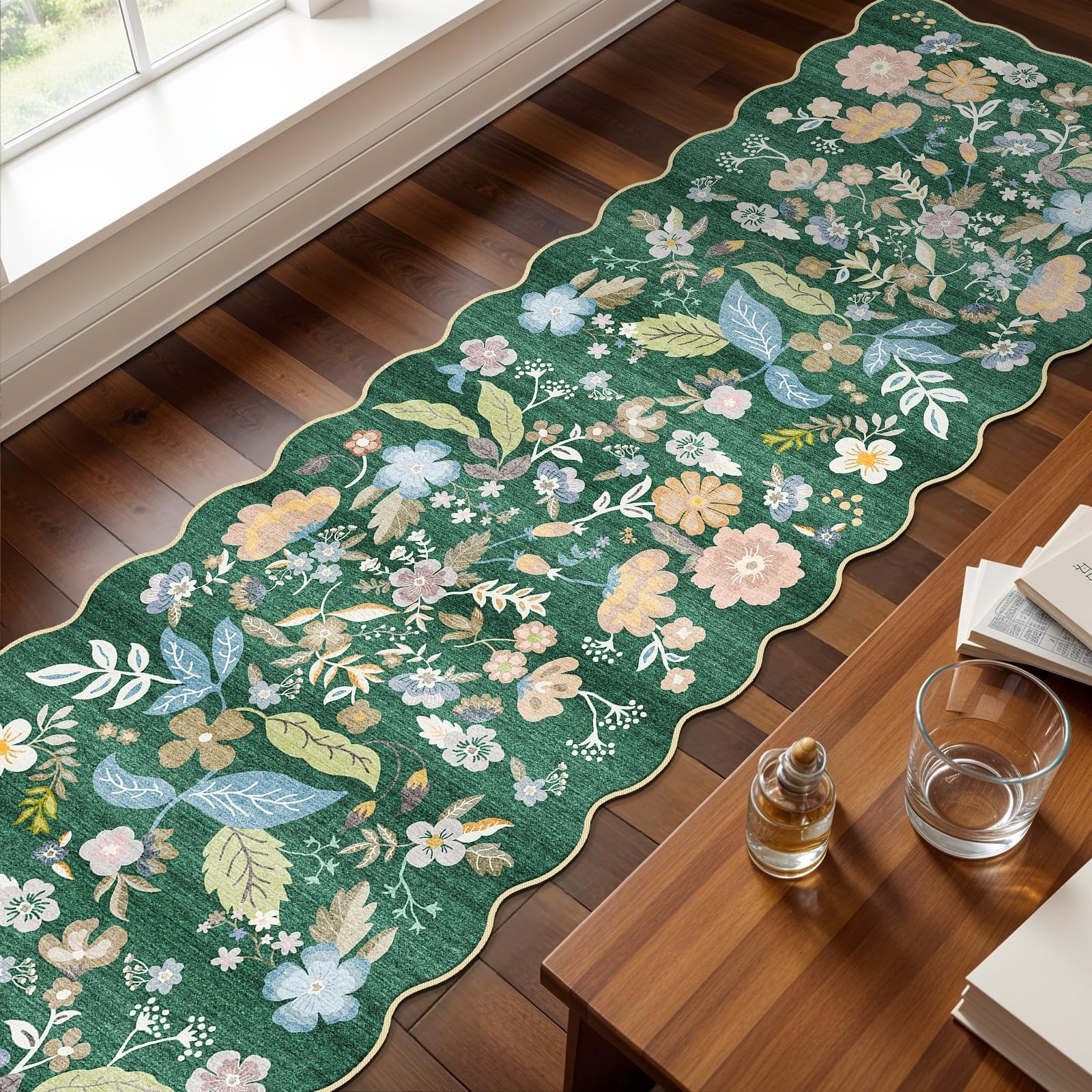 Carpet Runners for Hallway 20 ft: 3X20 Extra Long Scalloped Floral Washable N…