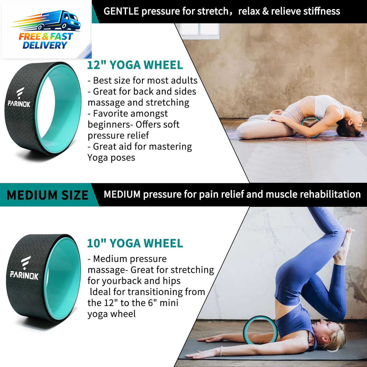 Yoga Wheel Set of 3+1, Upgraded 10MM Thick Back Wheels for Pain Relief & Stretch