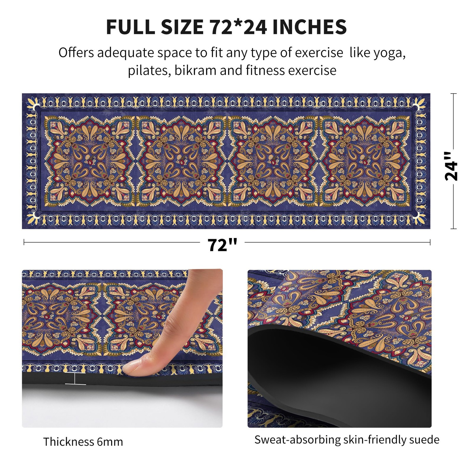 72×24 Inch 6MM Extra Thick Yoga Mat Print TPE Non Slip Fitness Carry Bag