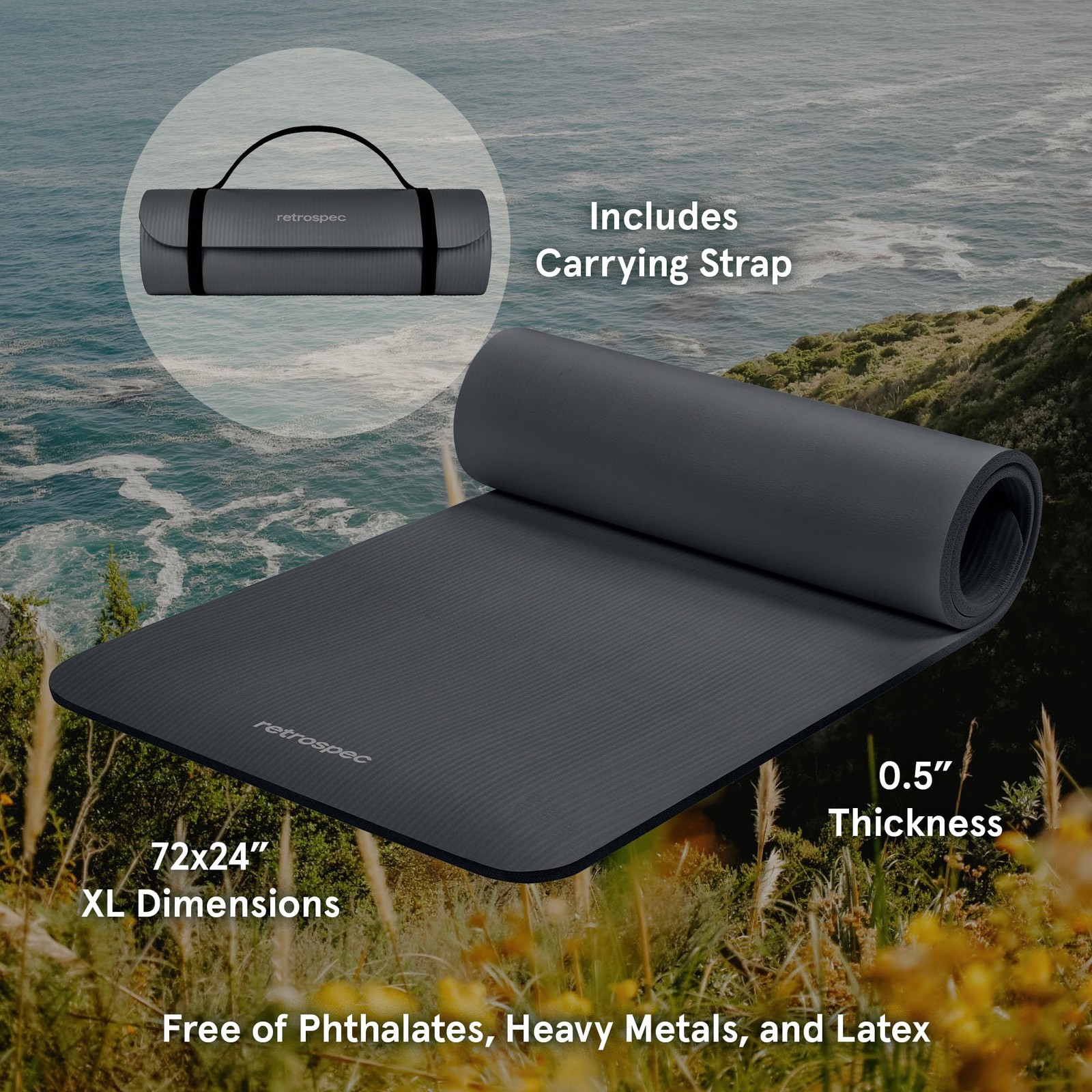 Retrospec Solana Yoga Mat 1/2&Prime; Thick w/Nylon Strap for Men 1/2 Inch, Graphite