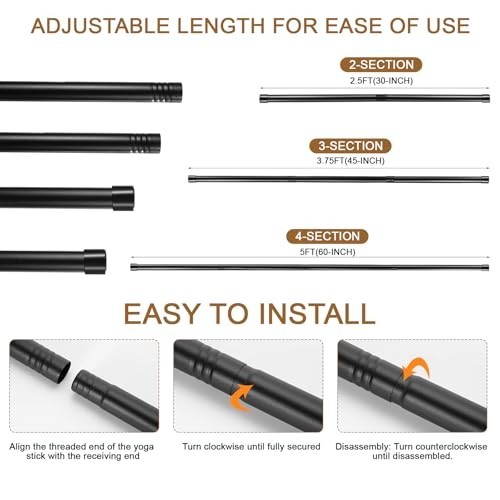 Yoga Stretching Stick Set 5ft Adjustable Black Non-Slip Ends