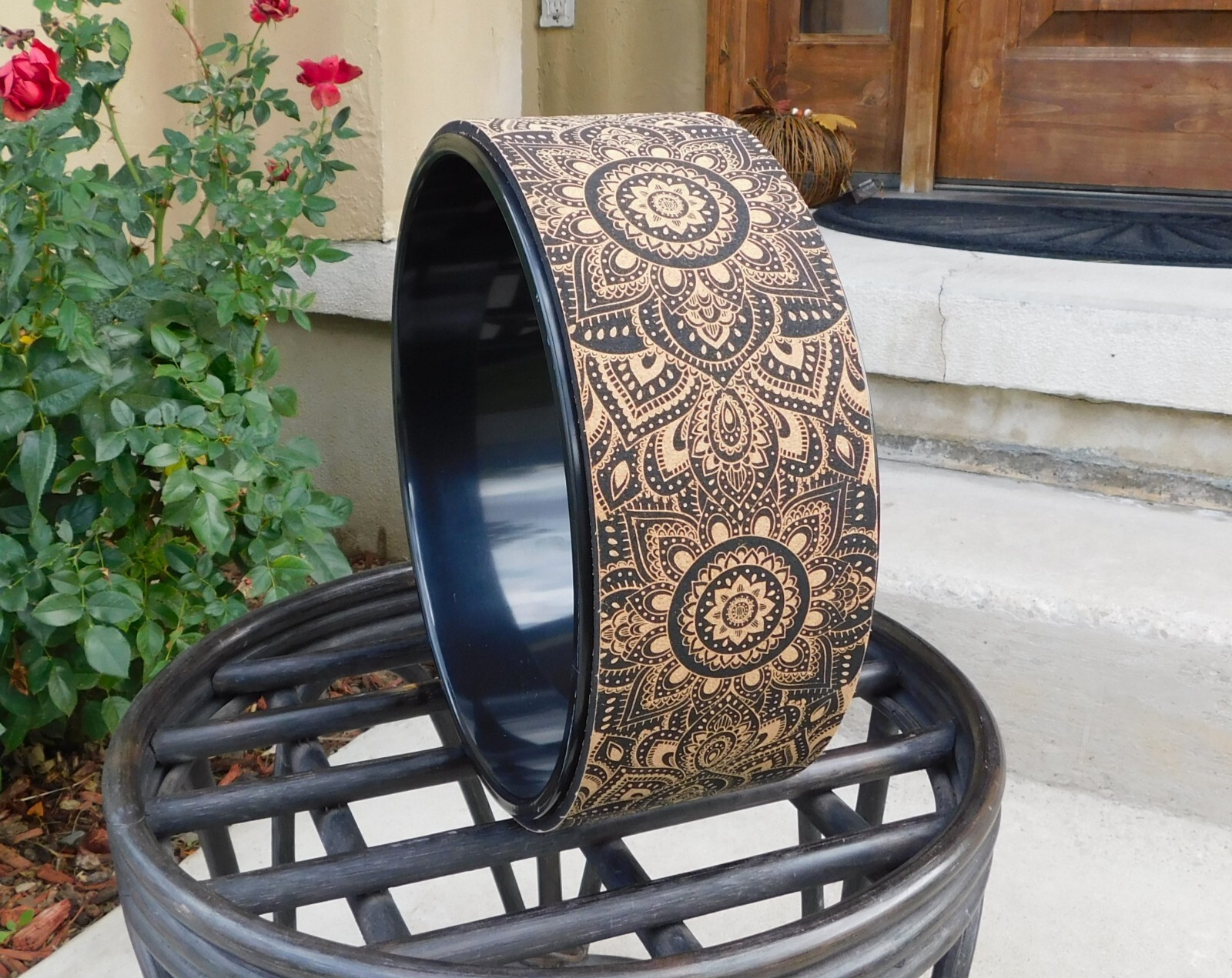 Cork Yoga Wheel by Yoga Design Lab (12.6 diameter), mandala black, New