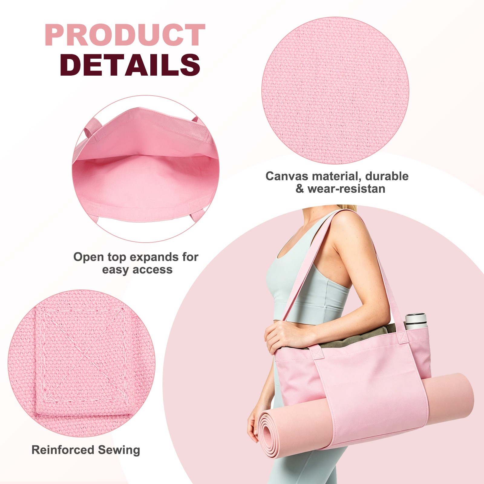 1 Pcs Yoga Bag, Tote Pilates Bag with Yoga Mat Holder Canvas & Pink